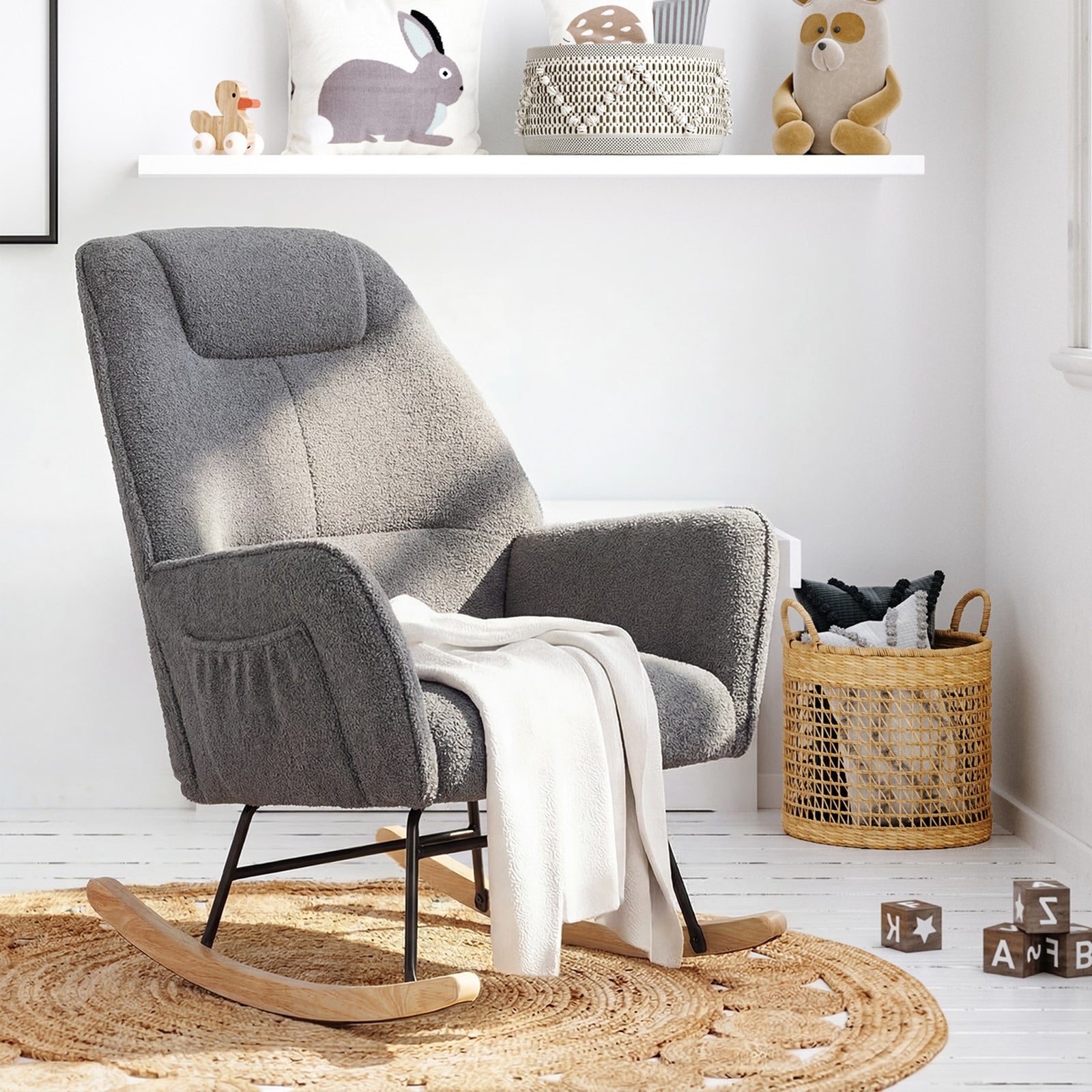 Oikiture Rocking Chair Nursing Armchair Sherpa Accent Chairs Upholstered Grey