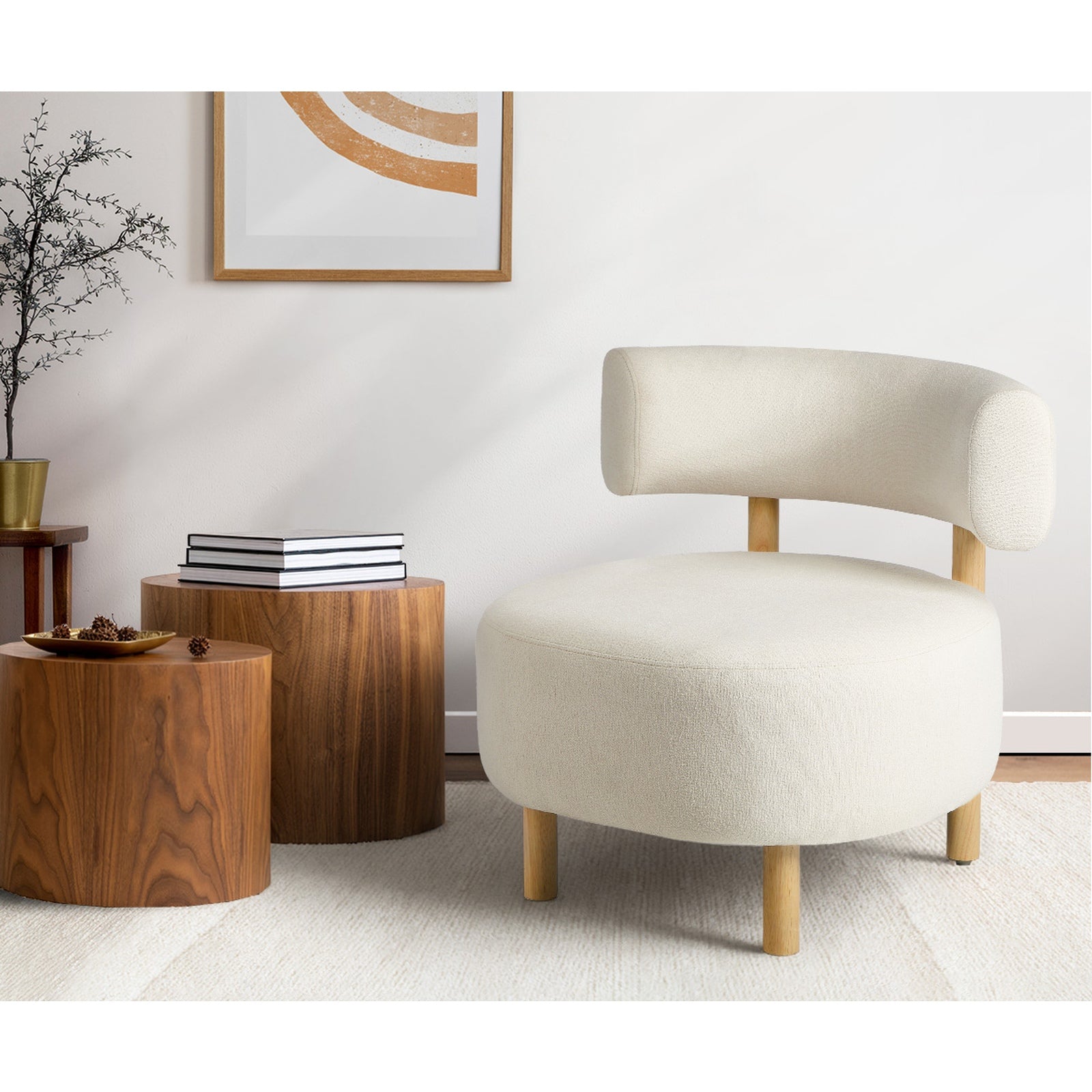 Oikiture Wooden Armchair Lounge Chair Linen Fabric Accent Armchairs Beige - Sunyee