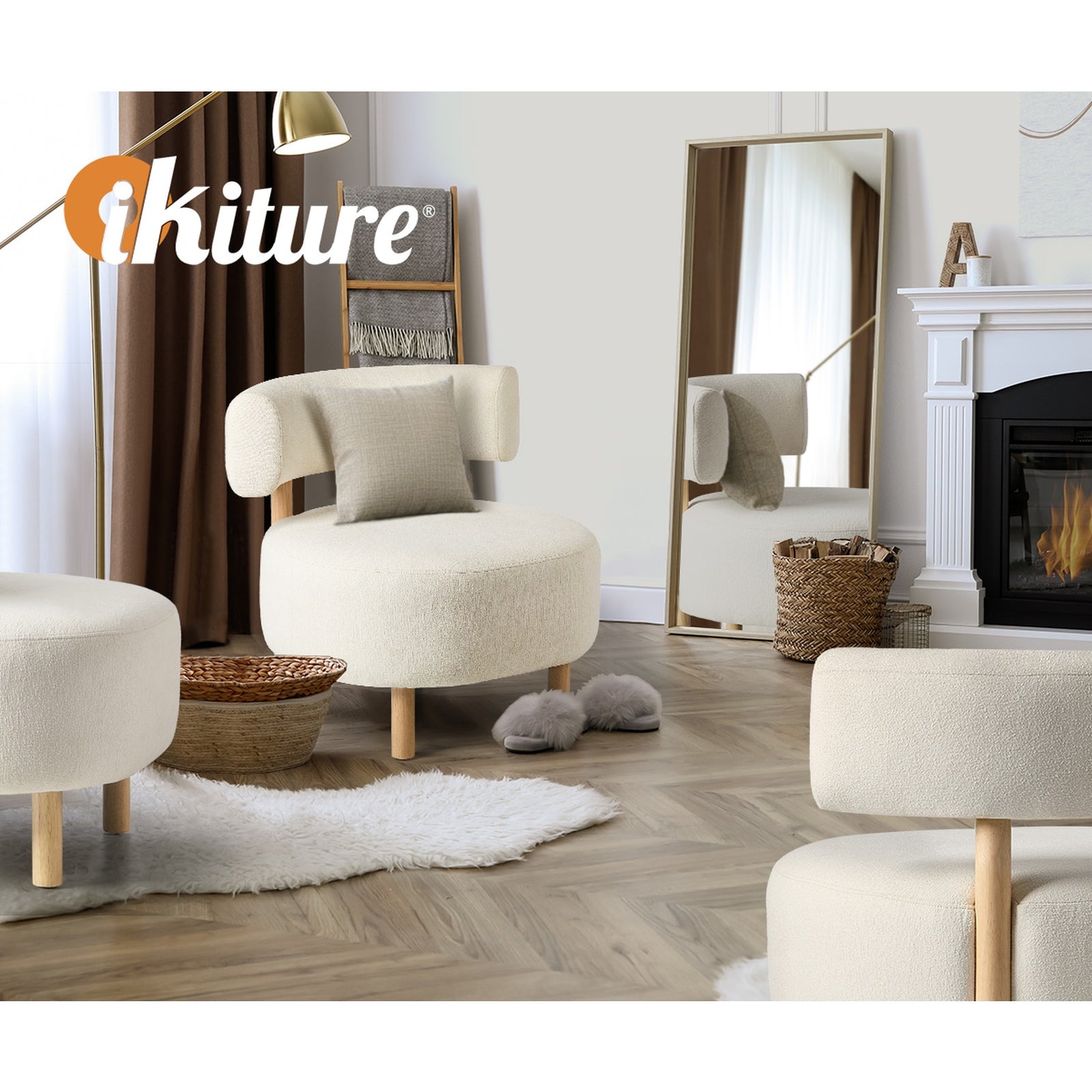 Oikiture Wooden Armchair Lounge Chair Linen Fabric Accent Armchairs Beige - Sunyee
