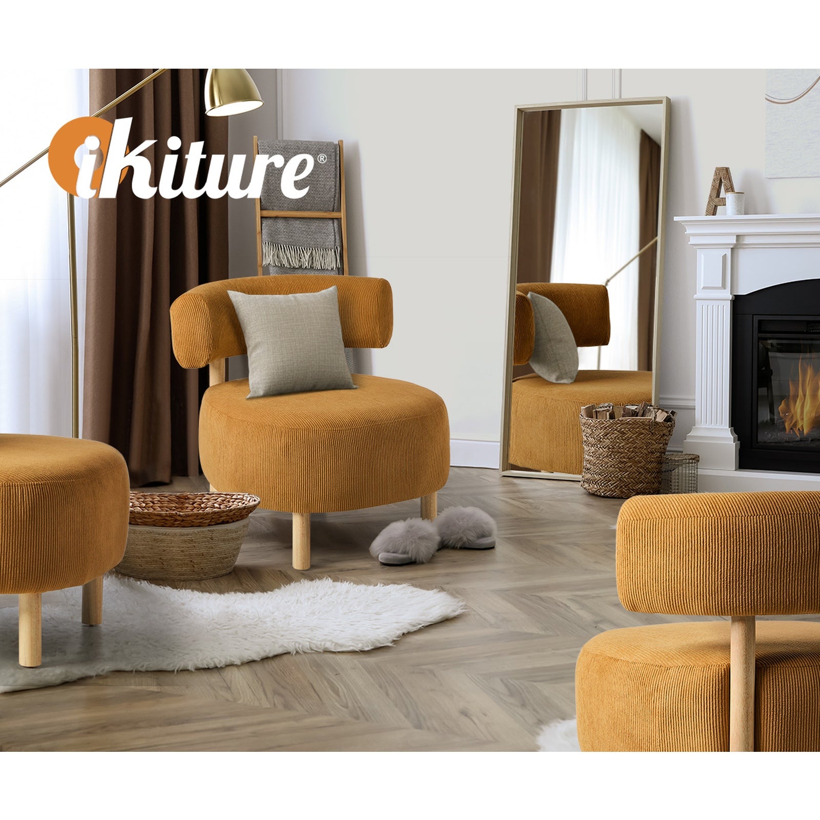 Oikiture Wooden Armchair Lounge Chair Velvet Accent Armchairs Orange - Sunyee
