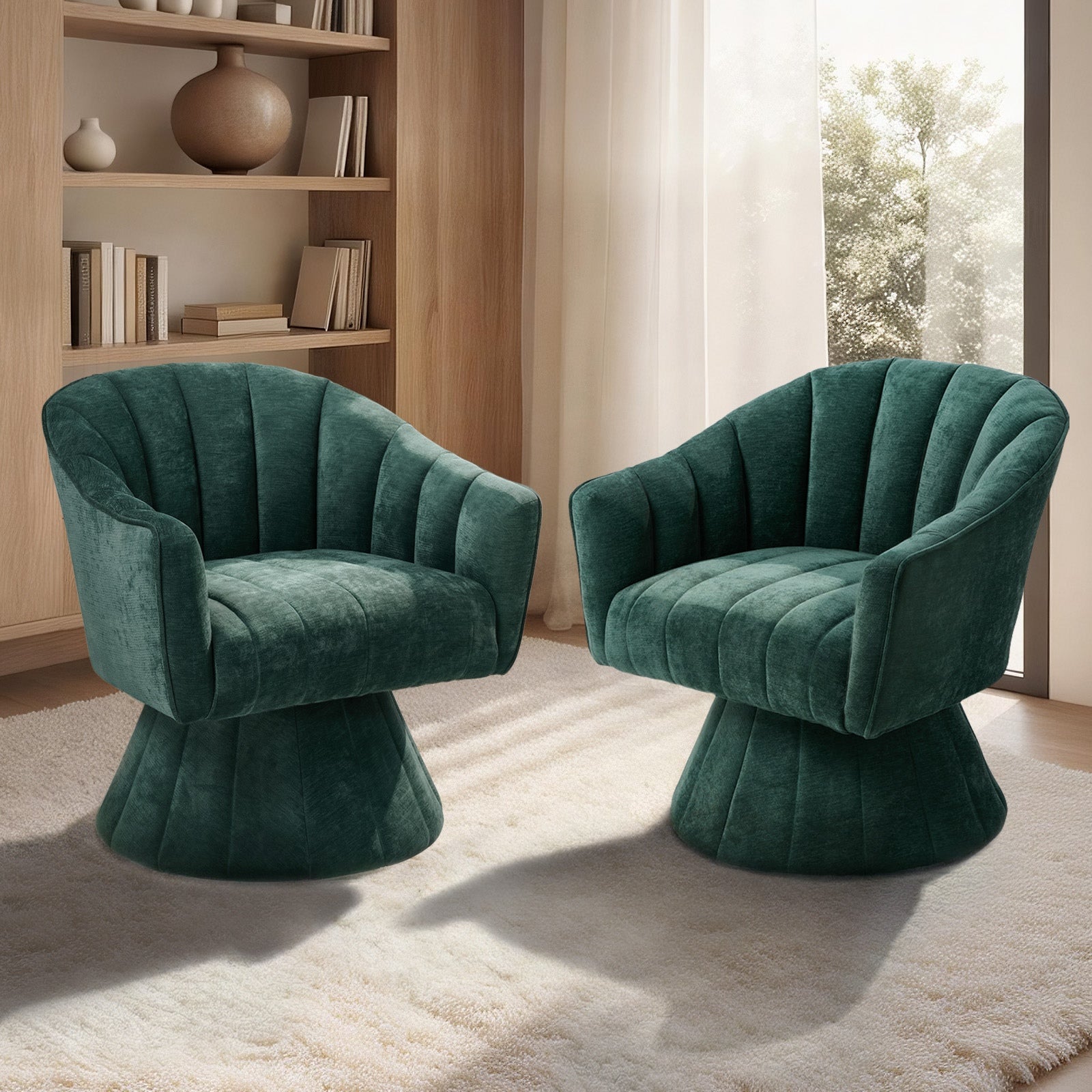 Oikiture 2x Swivel Armchair Linen Fabric Lounge Chair Accent Chair Green - Sunyee