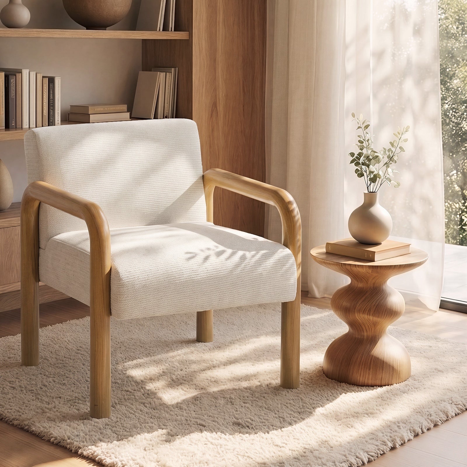 Oikiture Armchair Fabric Accent Chair Lounge Sofa Beige Timber Look Legs
