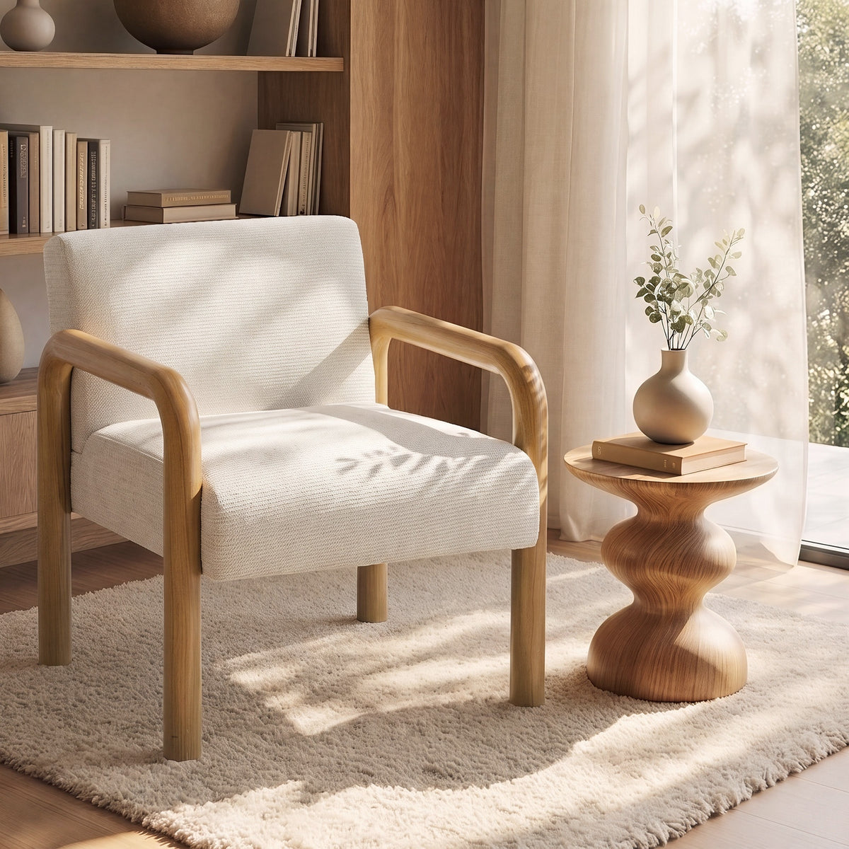 Oikiture Armchair Fabric Accent Chair Lounge Sofa Beige Timber Look Legs
