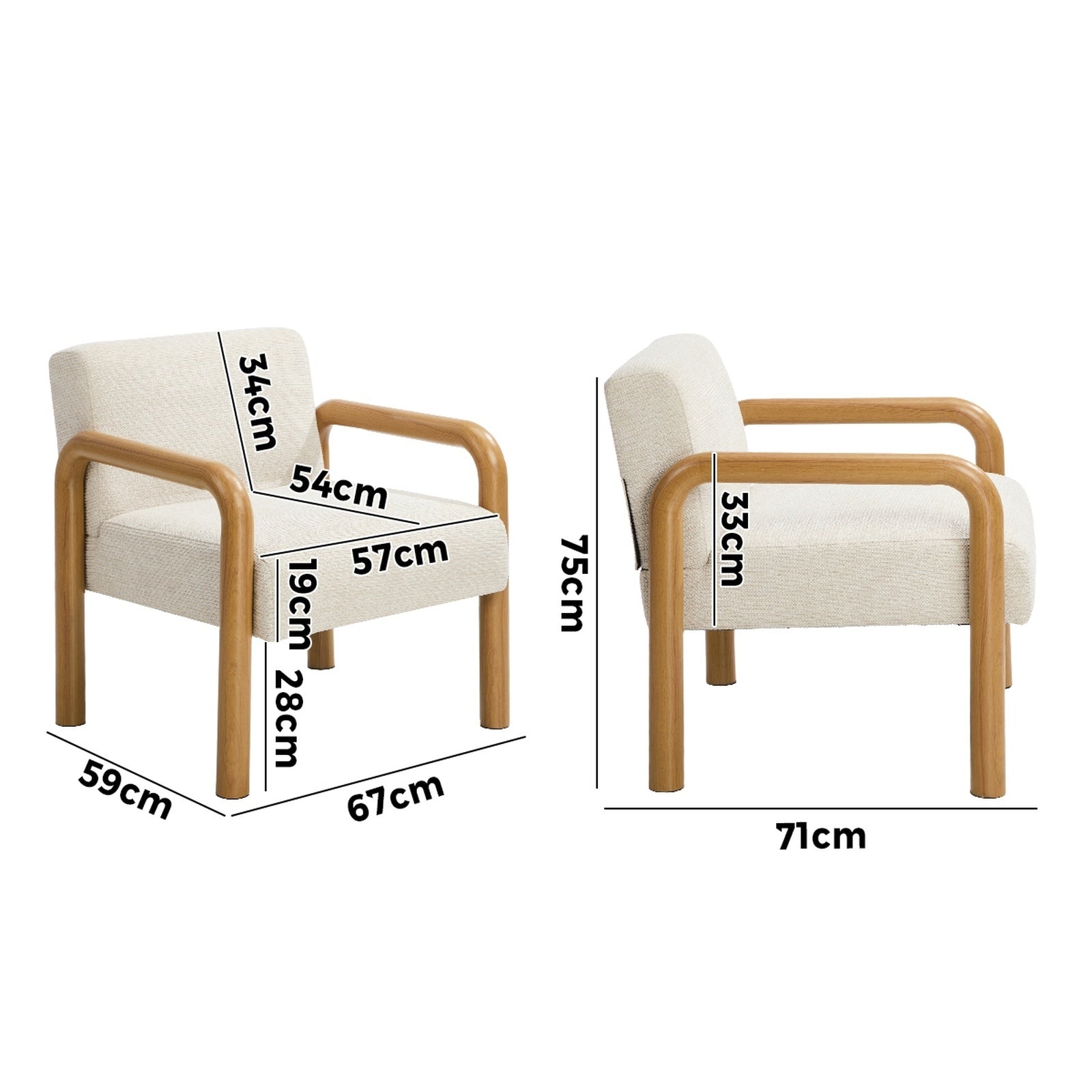 Oikiture 2x Armchair Fabric Accent Chair Lounge Sofa Beige Timber Look Legs