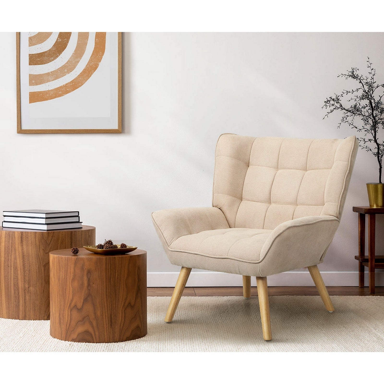 Oikiture Armchair Accent Chairs Sofa Lounge Fabric Upholstered Tub Chair Beige - Sunyee