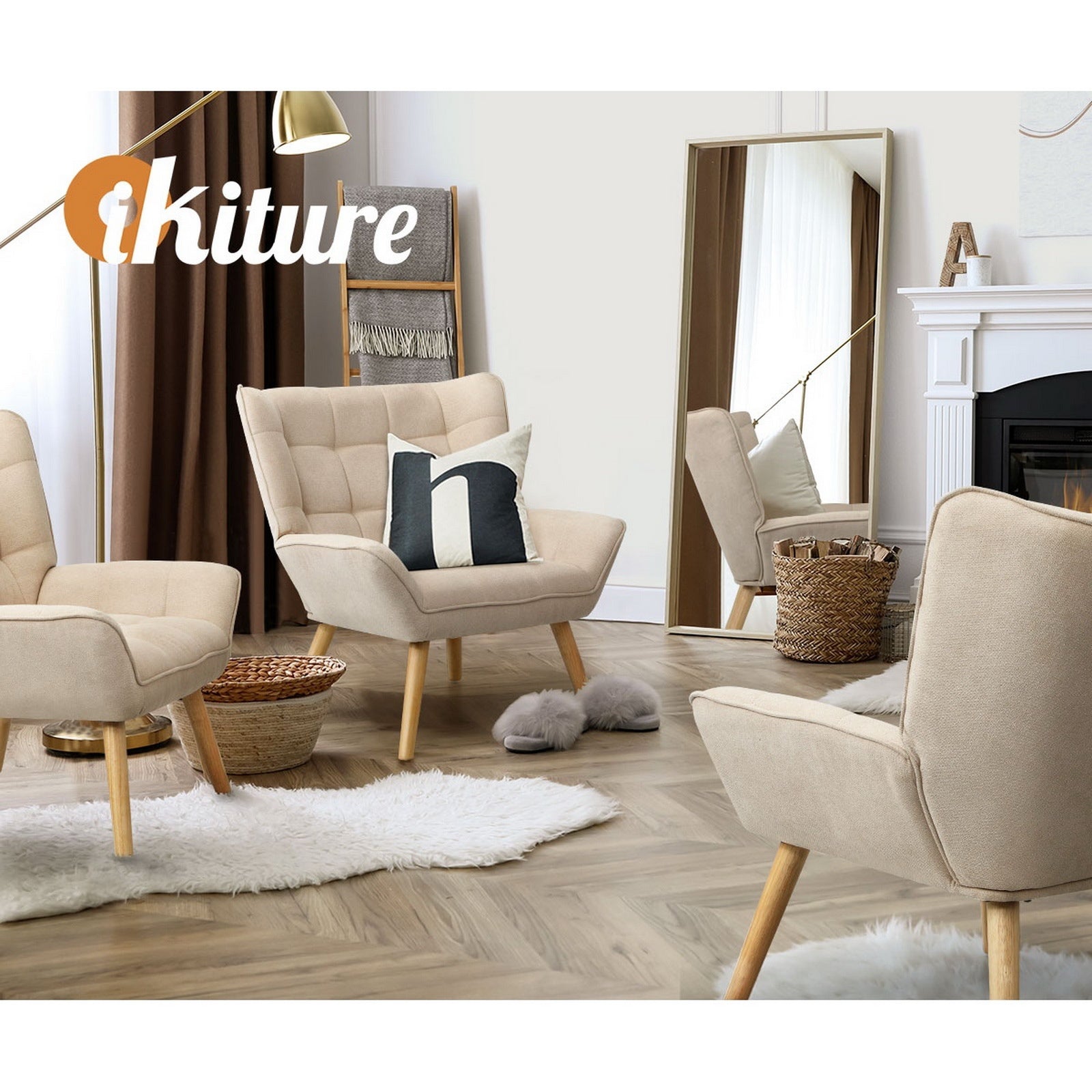 Oikiture Armchair Accent Chairs Sofa Lounge Fabric Upholstered Tub Chair Beige - Sunyee