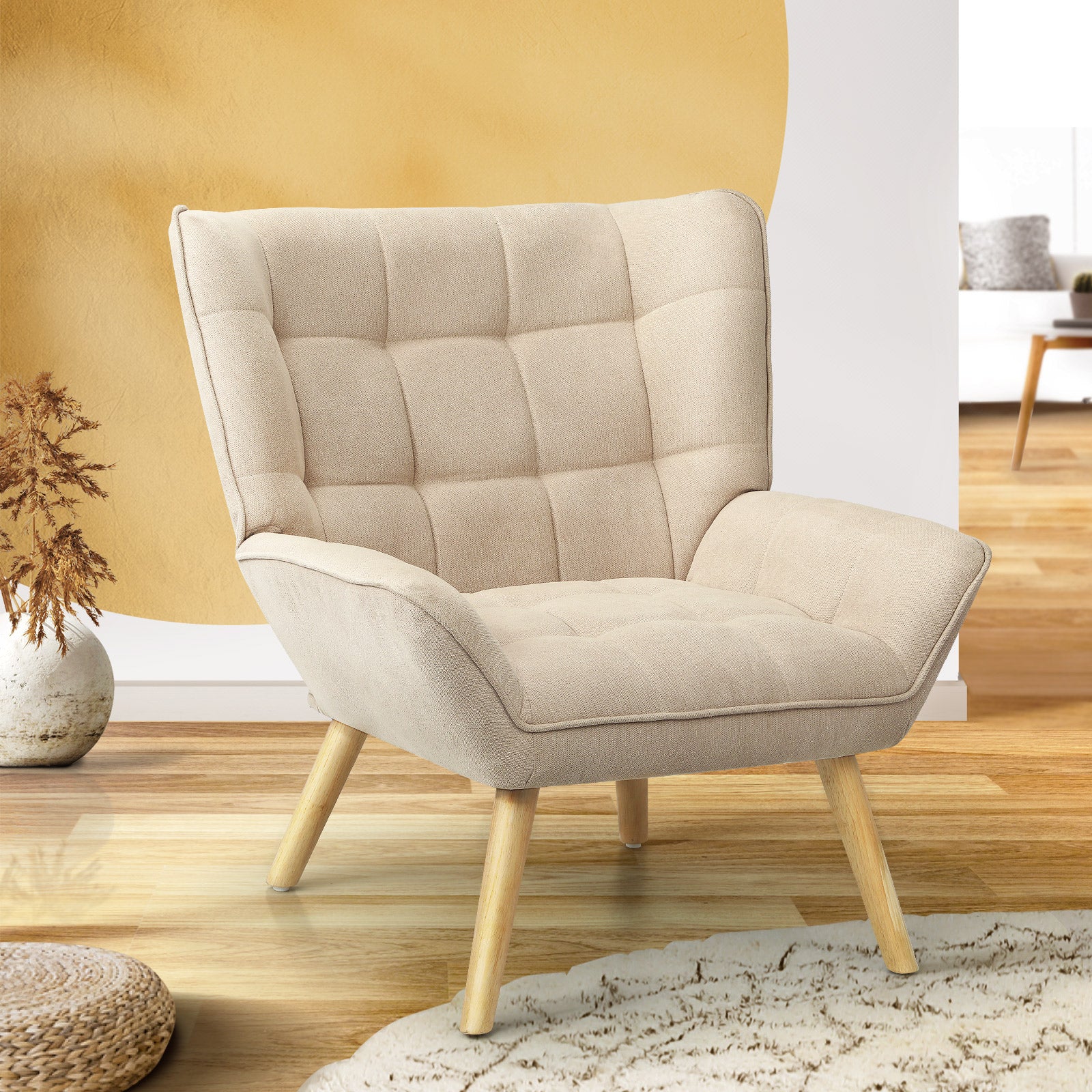 Oikiture Armchair Accent Chairs Sofa Lounge Fabric Upholstered Tub Chair Beige - Sunyee