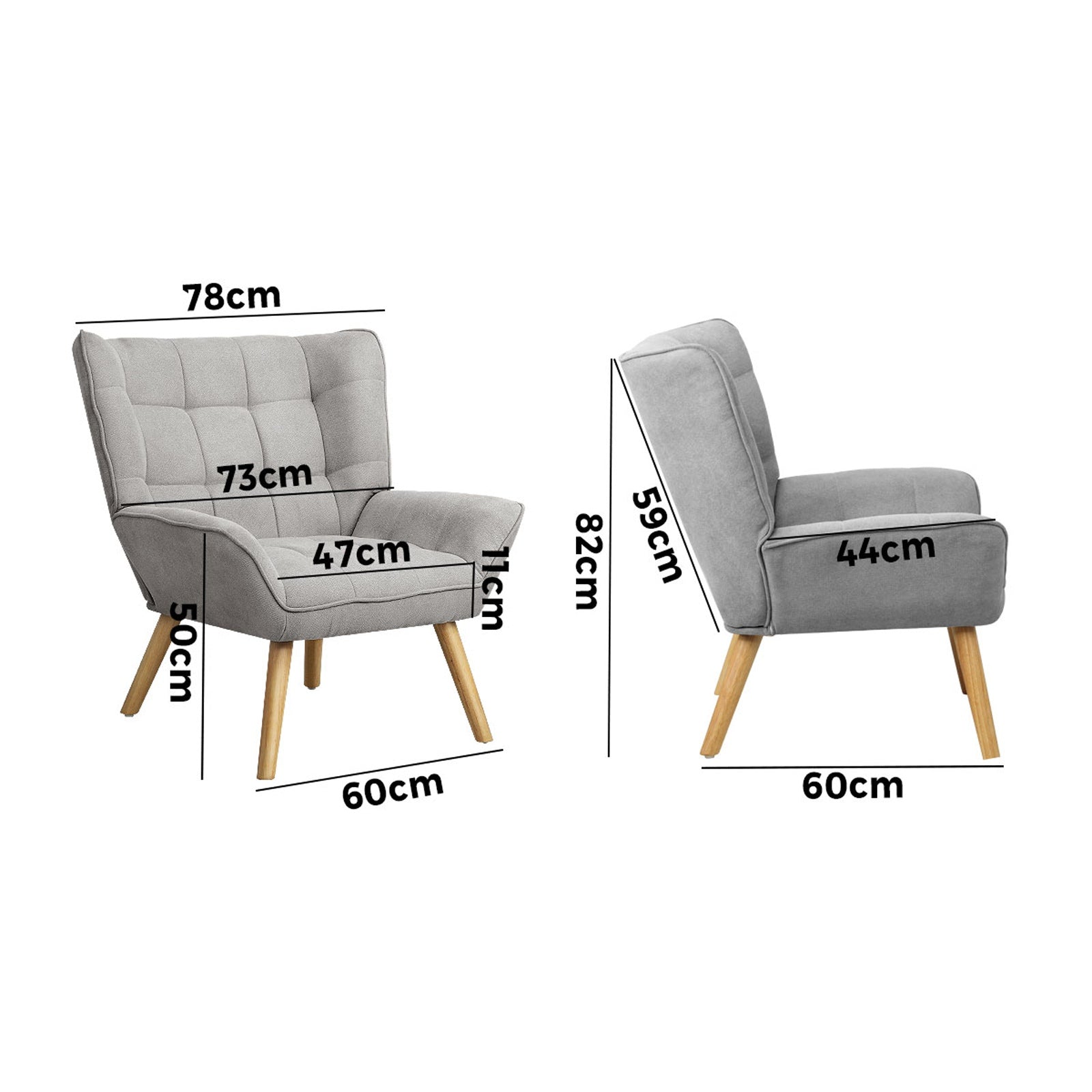 Oikiture Armchair Accent Chairs Sofa Lounge Fabric Upholstered Tub Chair Grey - Sunyee
