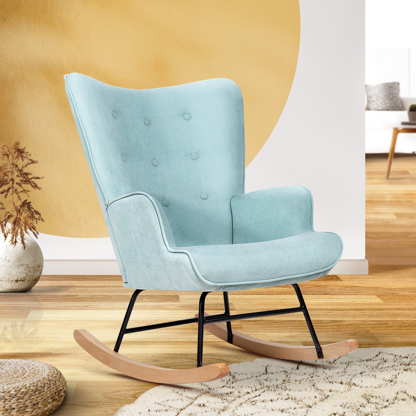 Oikiture Rocking Chair Nursing Armchair Linen Accent Chairs Upholstered Blue - Sunyee