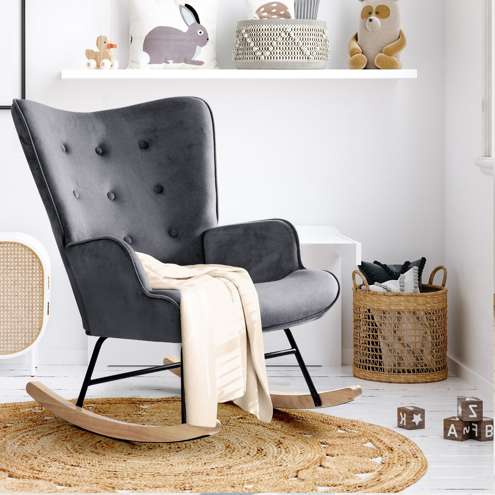 Oikiture Rocking Chair Armchair Velvet Accent Chairs Fabric Upholstered Grey - Sunyee