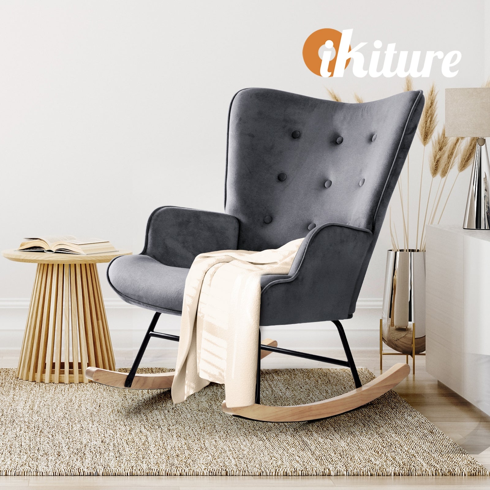 Oikiture Rocking Chair Armchair Velvet Accent Chairs Fabric Upholstered Grey - Sunyee