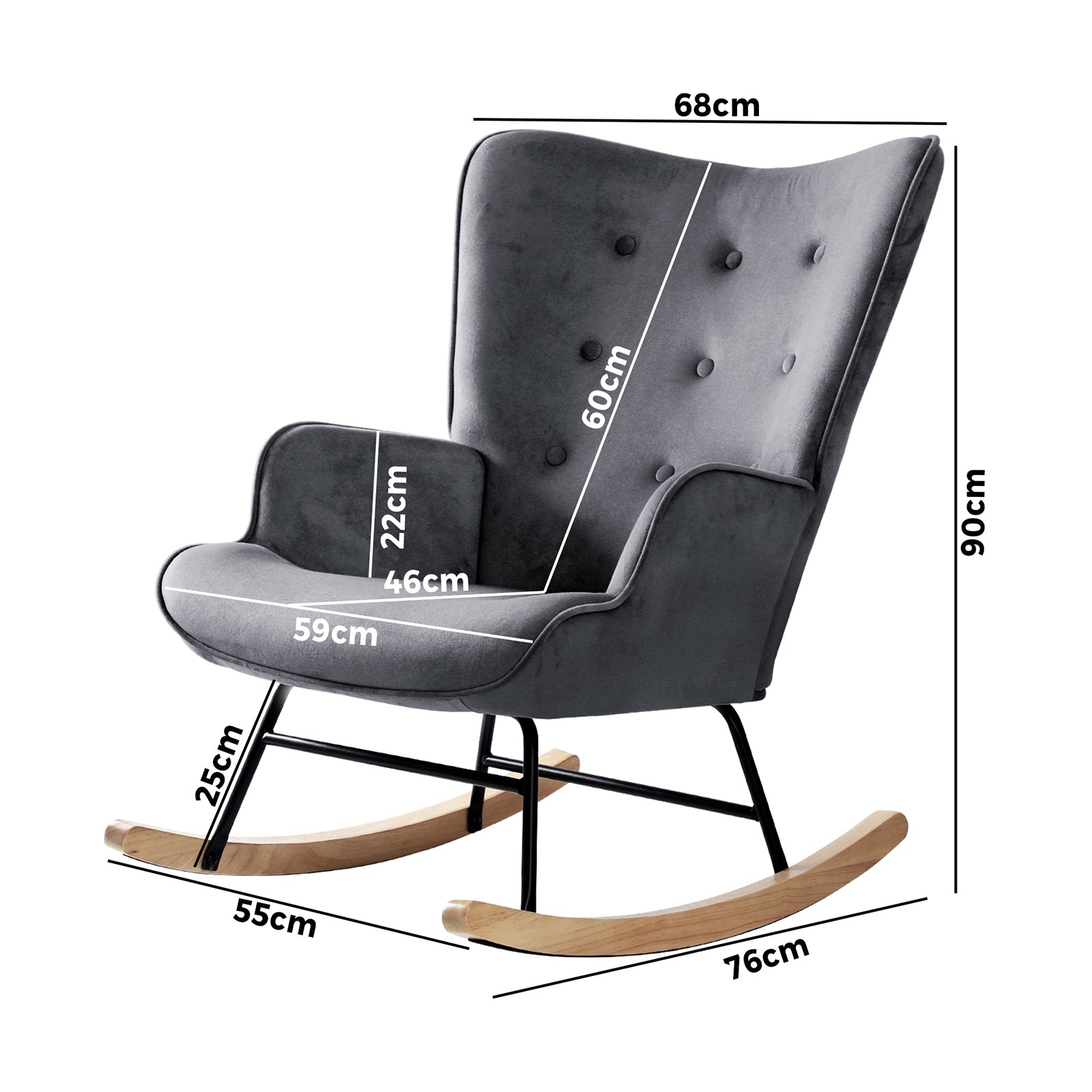 Oikiture Rocking Chair Armchair Velvet Accent Chairs Fabric Upholstered Grey - Sunyee