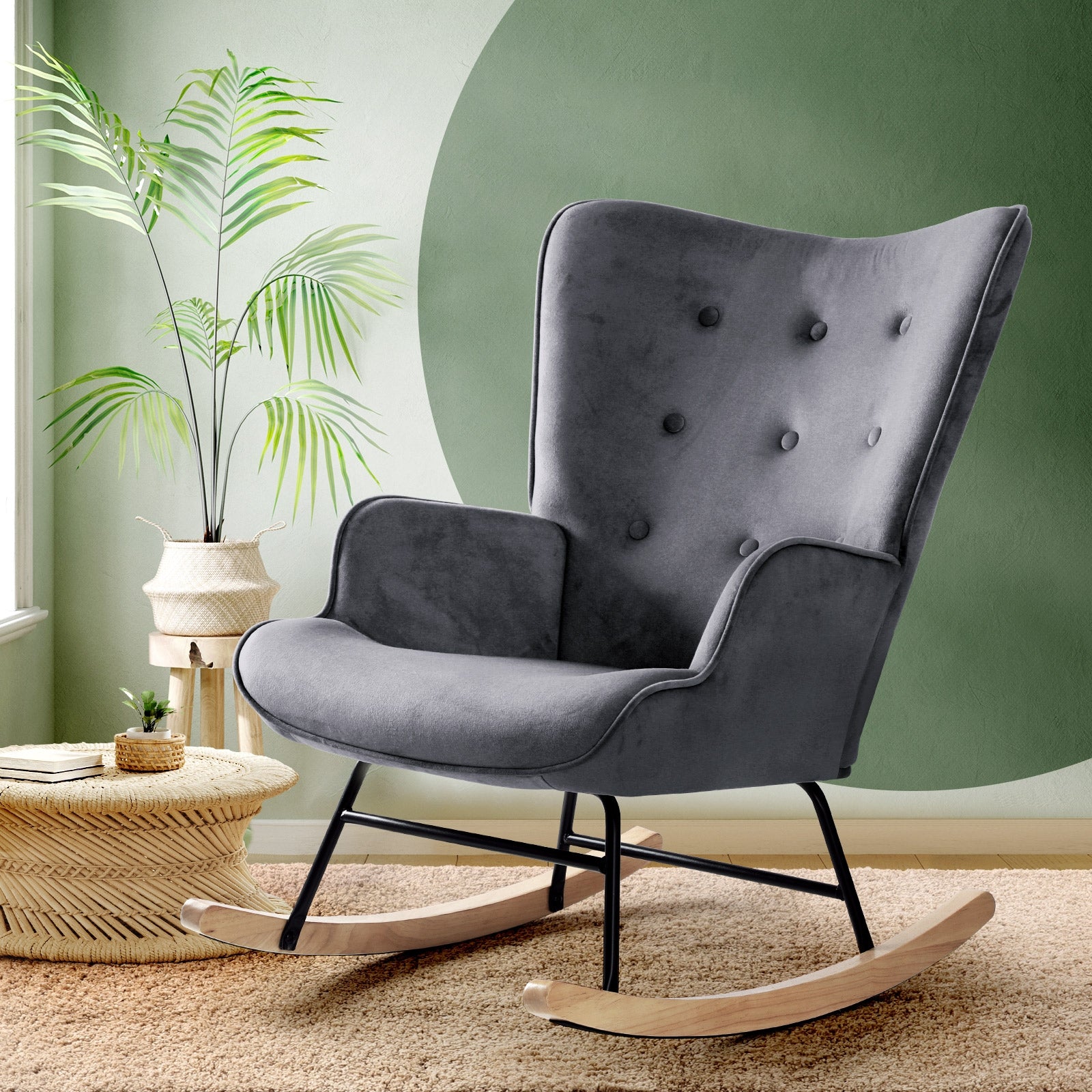 Oikiture Rocking Chair Armchair Velvet Accent Chairs Fabric Upholstered Grey - Sunyee