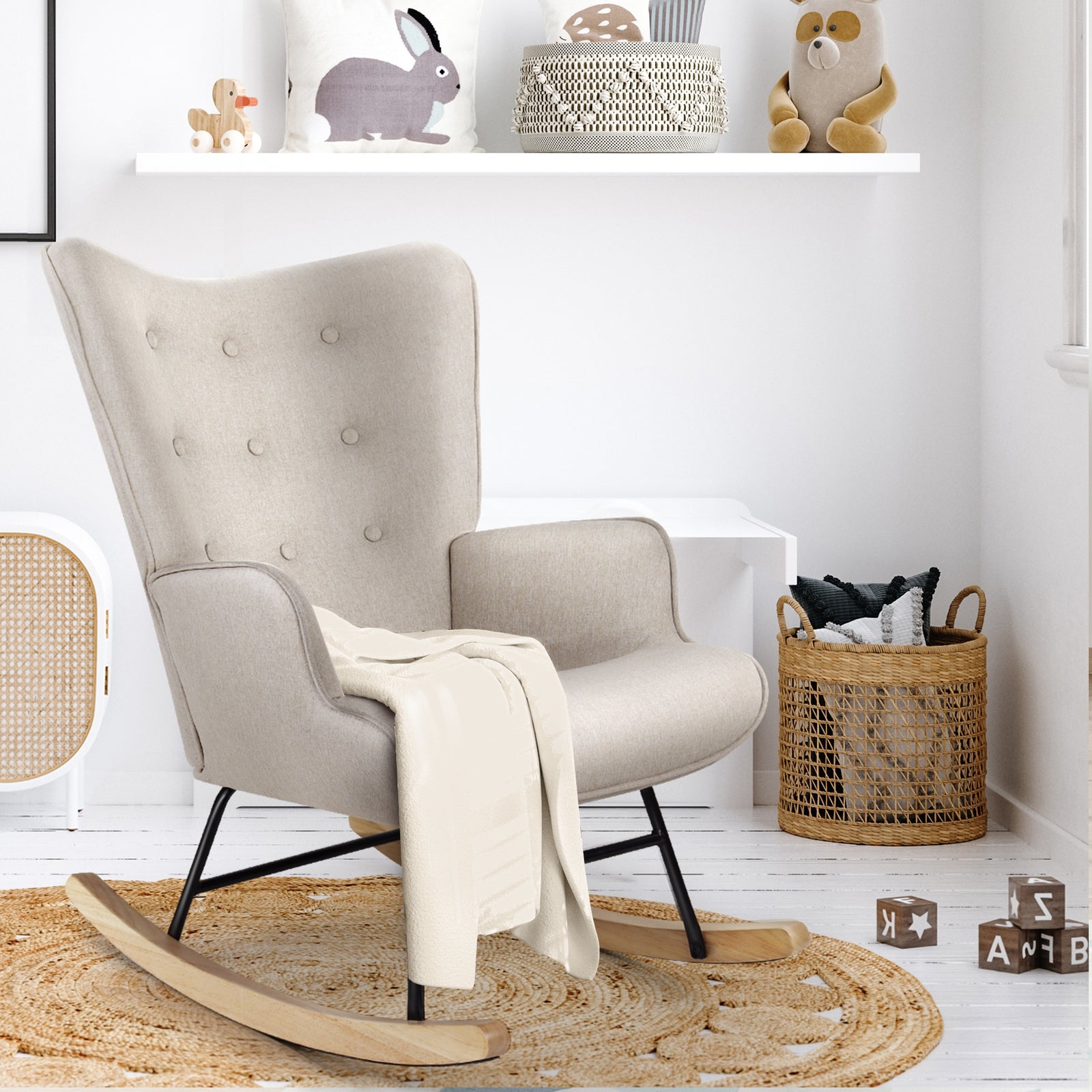 Oikiture Rocking Chair Nursing Armchair Velvet Accent Chairs Upholstered Beige - Sunyee