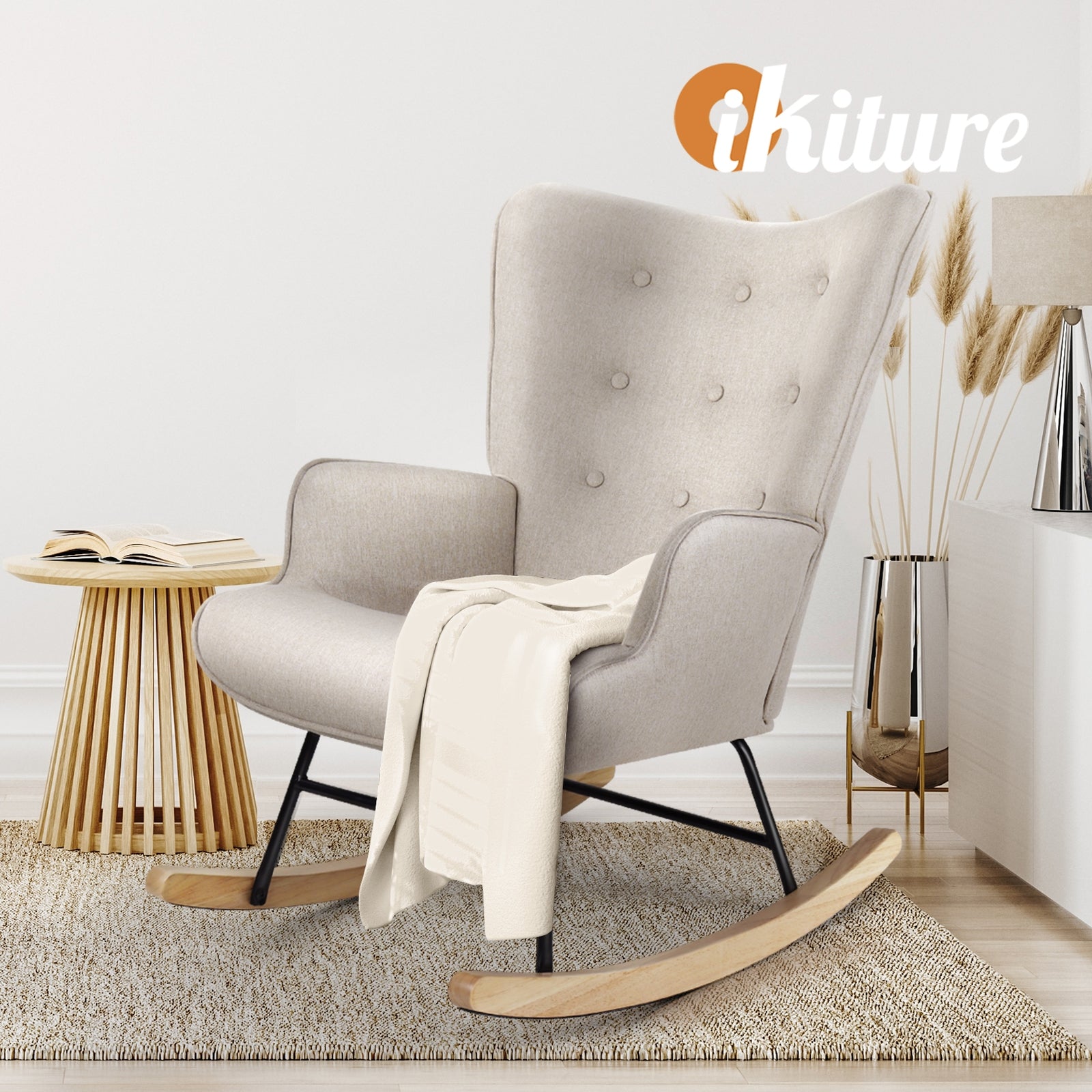 Oikiture Rocking Chair Nursing Armchair Velvet Accent Chairs Upholstered Beige - Sunyee