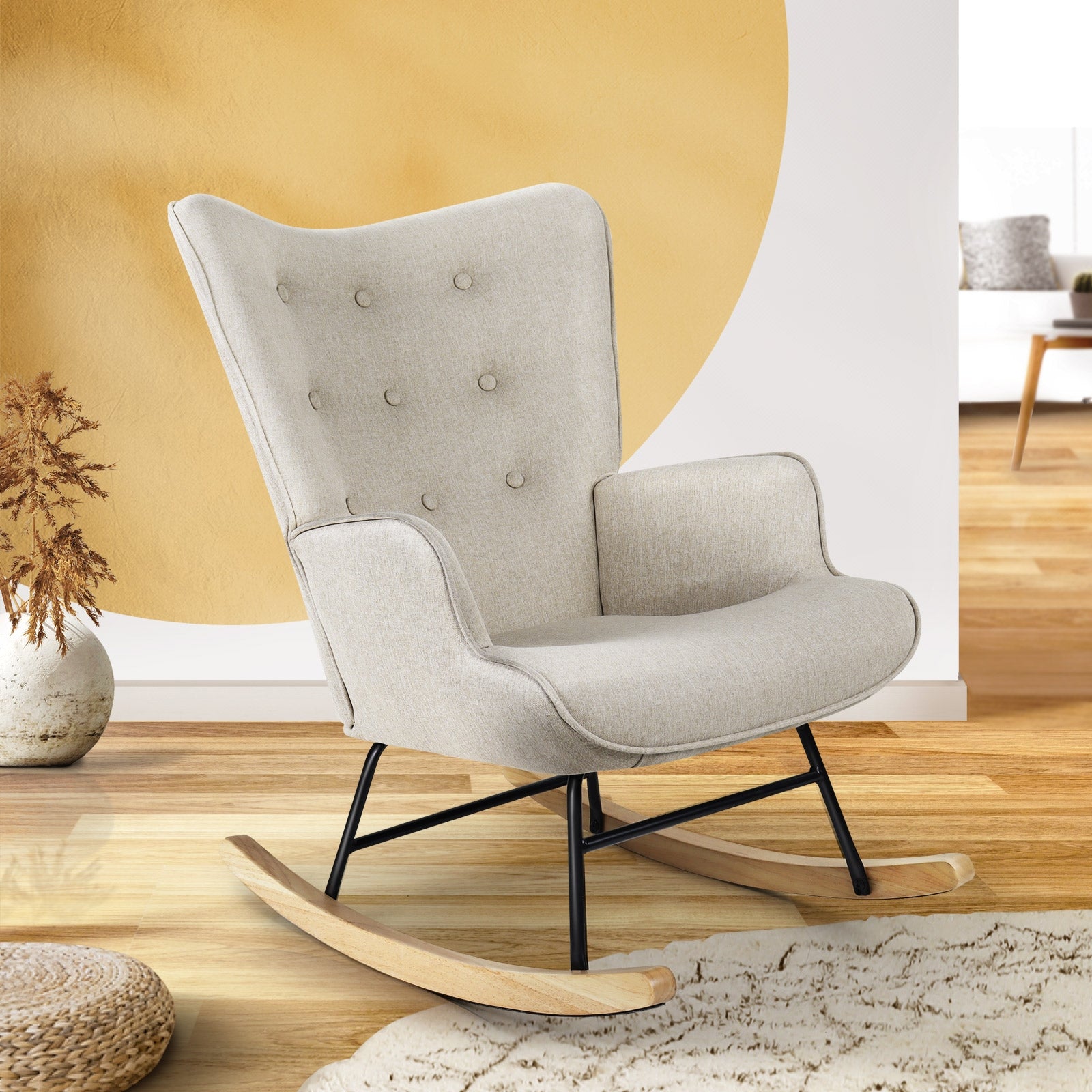 Oikiture Rocking Chair Nursing Armchair Velvet Accent Chairs Upholstered Beige - Sunyee