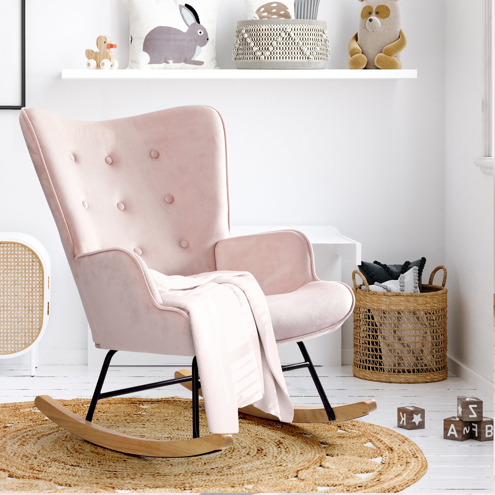 Oikiture Rocking Chair Armchair Velvet Accent Chairs Fabric Upholstered Pink - Sunyee
