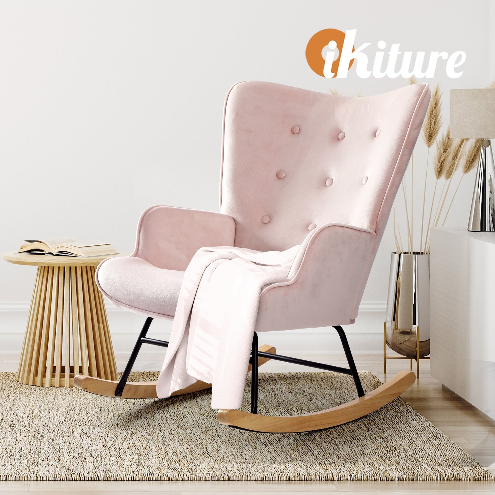 Oikiture Rocking Chair Armchair Velvet Accent Chairs Fabric Upholstered Pink - Sunyee