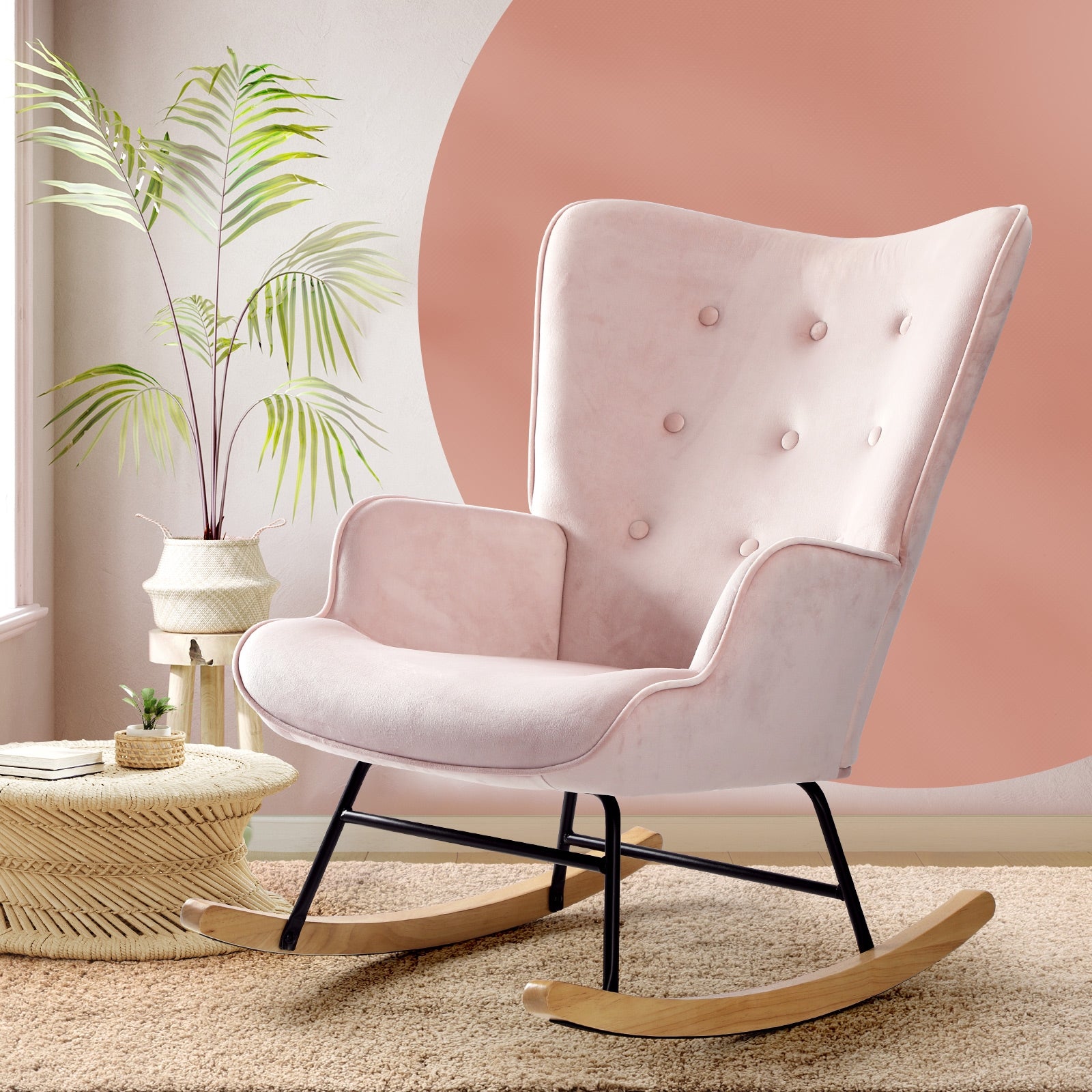 Oikiture Rocking Chair Armchair Velvet Accent Chairs Fabric Upholstered Pink - Sunyee
