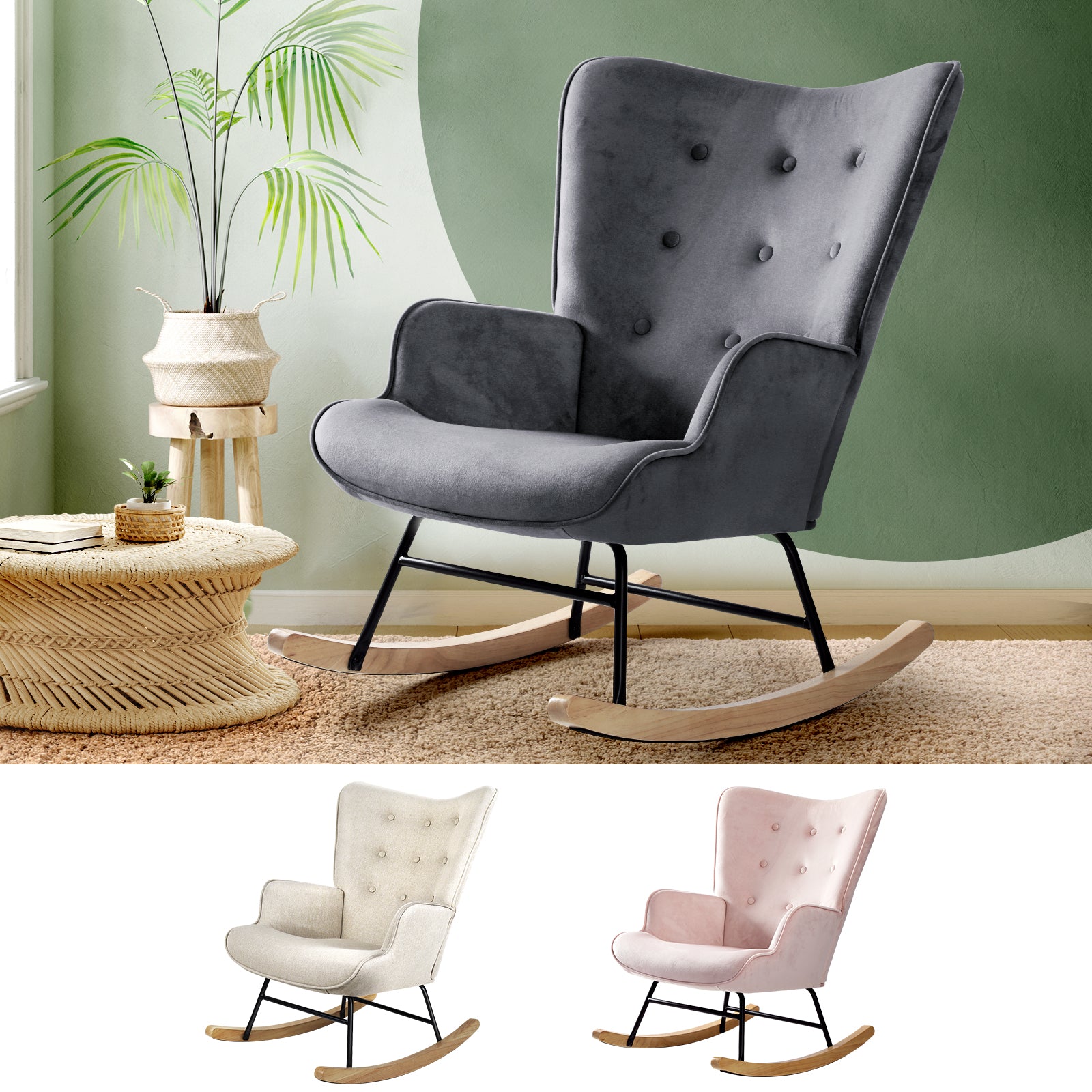 Oikiture Rocking Chair Nursing Armchair Velvet/Linen/Sherpa Accent Chairs - Sunyee