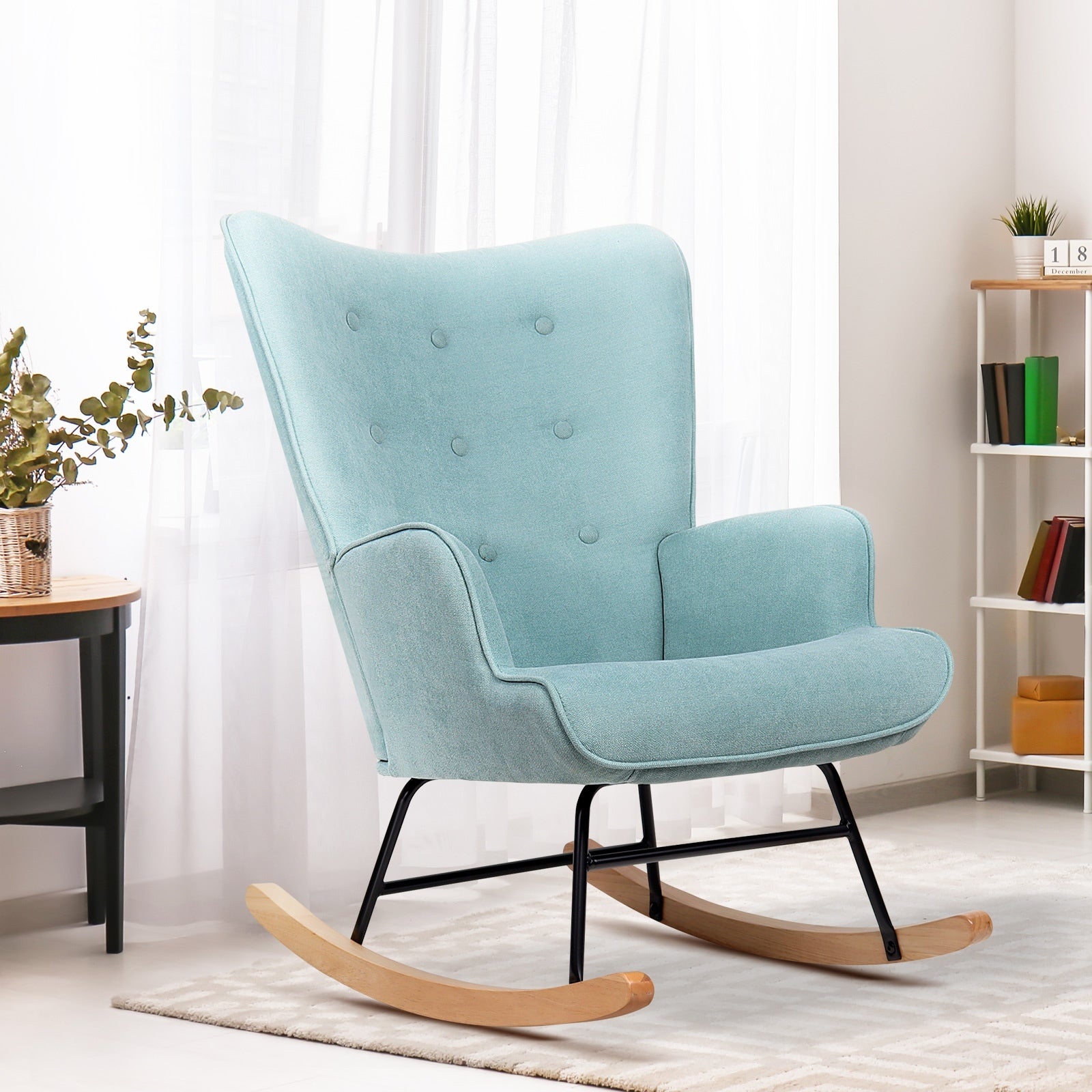 Oikiture Rocking Chair Nursing Armchair Velvet Accent Chairs Upholstered Blue - Sunyee