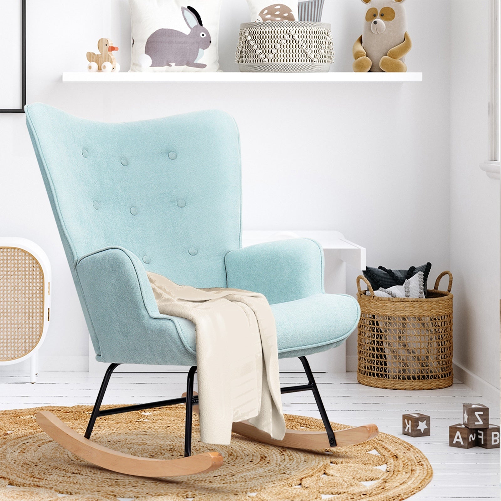 Oikiture Rocking Chair Nursing Armchair Velvet Accent Chairs Upholstered Blue - Sunyee