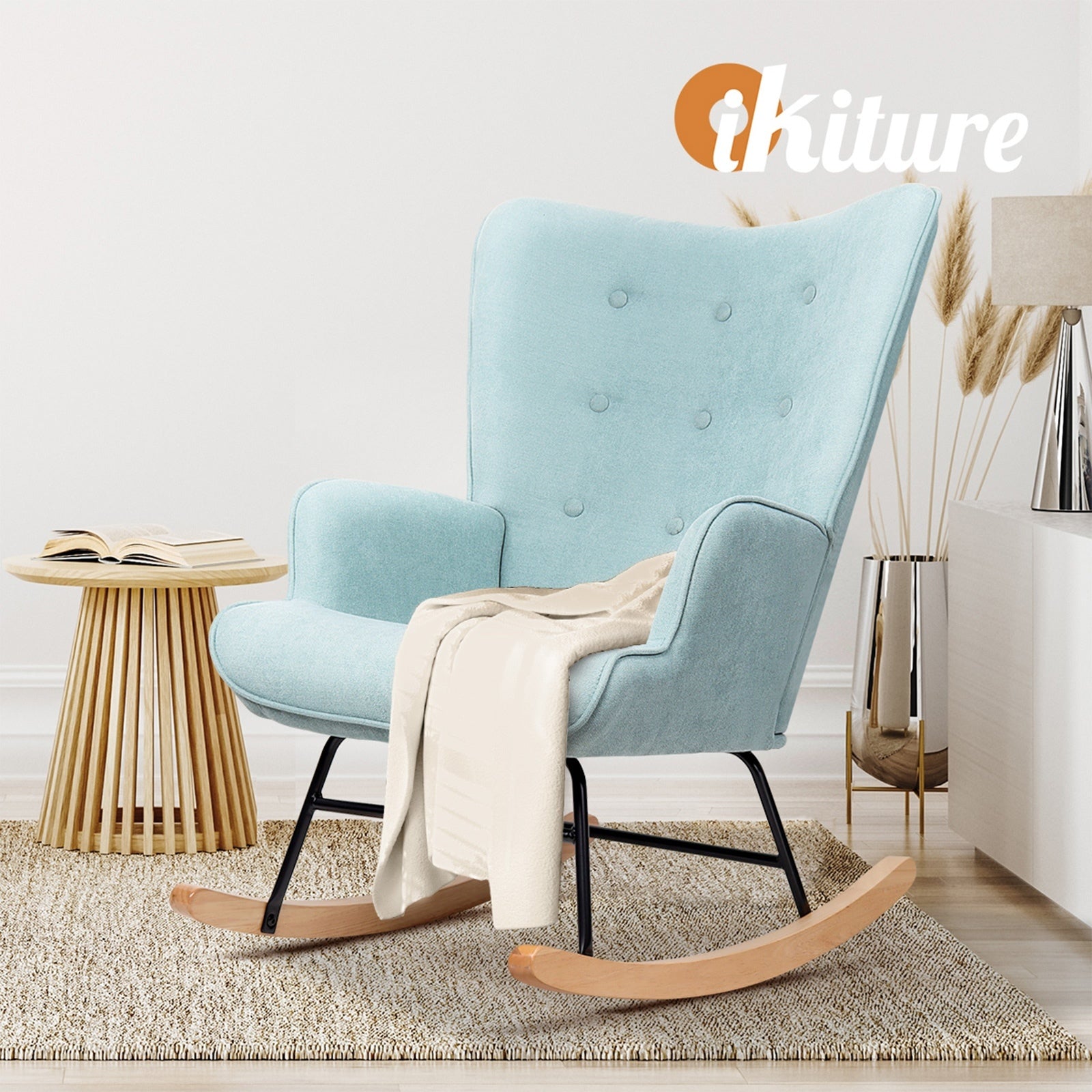 Oikiture Rocking Chair Nursing Armchair Velvet Accent Chairs Upholstered Blue - Sunyee