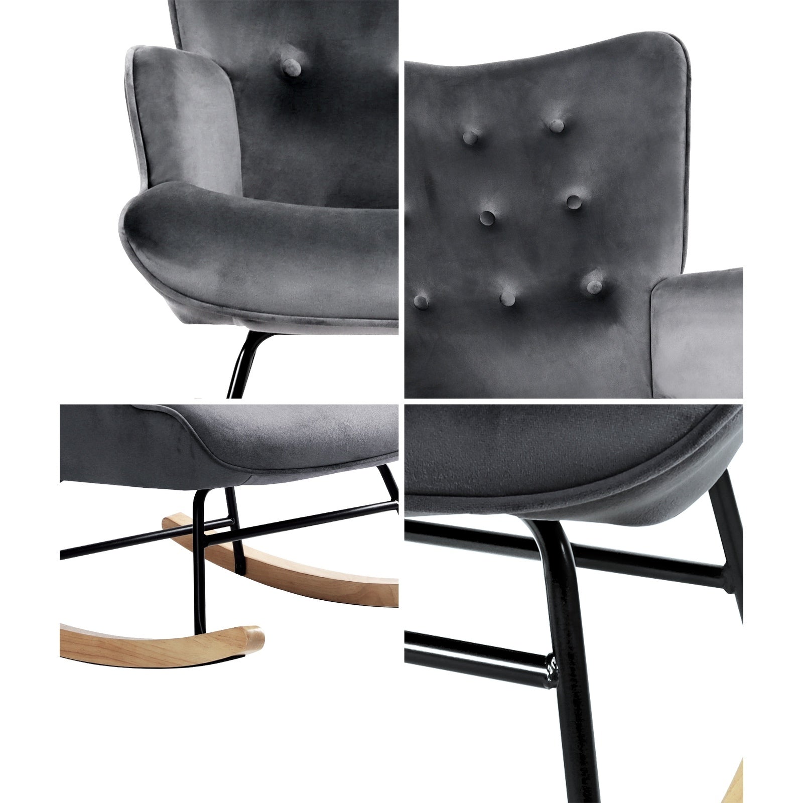 Oikiture Rocking Chair Nursing Armchair Velvet Accent Chairs Upholstered Grey - Sunyee