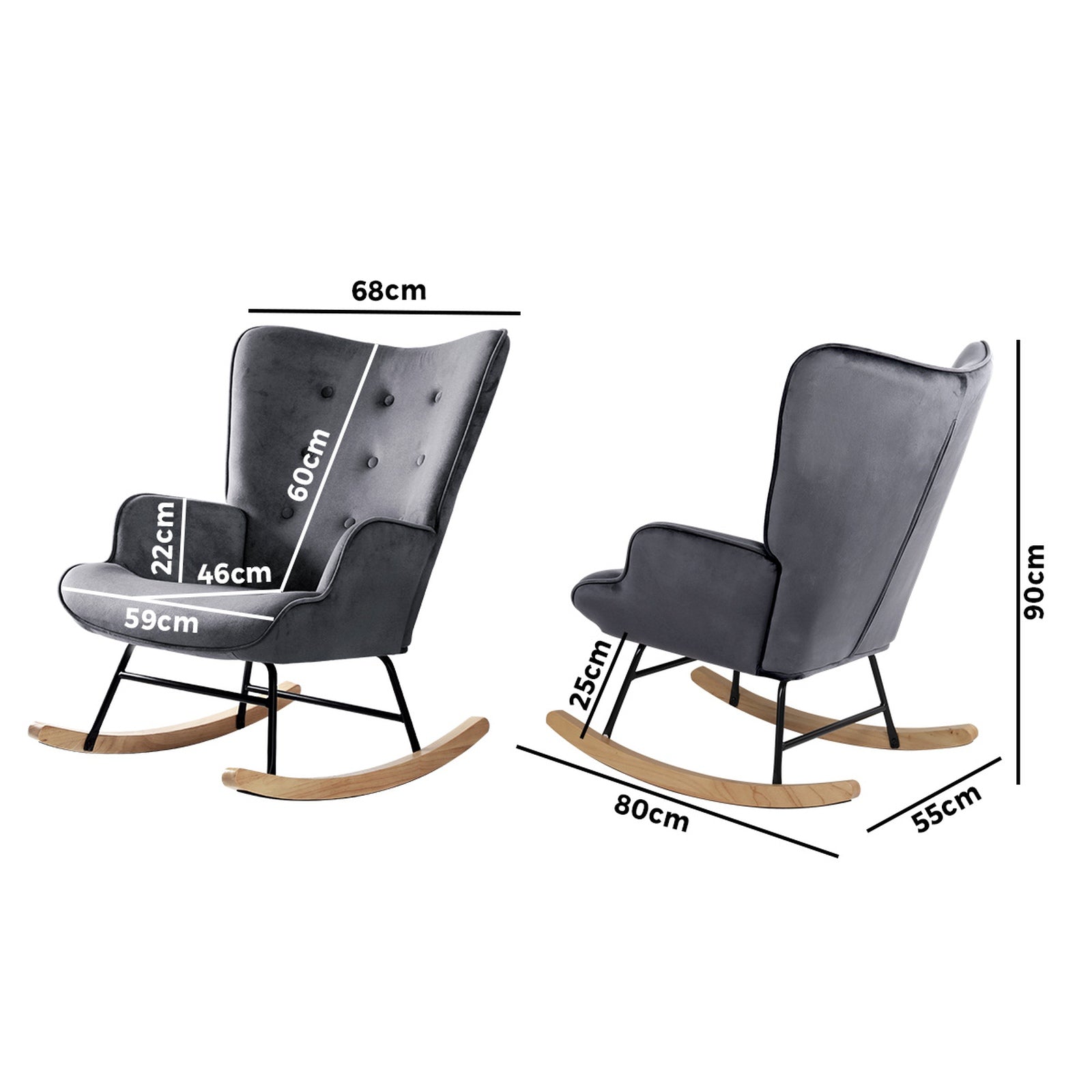 Oikiture Rocking Chair Nursing Armchair Velvet Accent Chairs Upholstered Grey - Sunyee