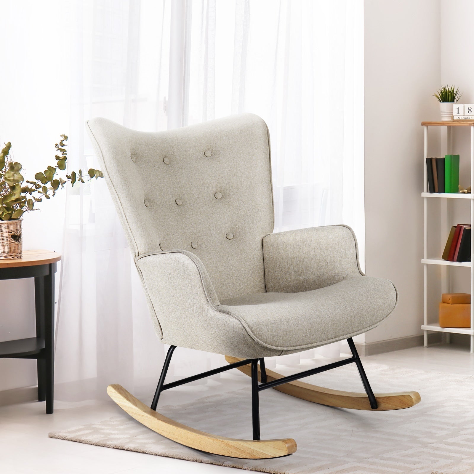 Oikiture Rocking Chair Nursing Armchair Linen Accent Chairs Upholstered Beige - Sunyee