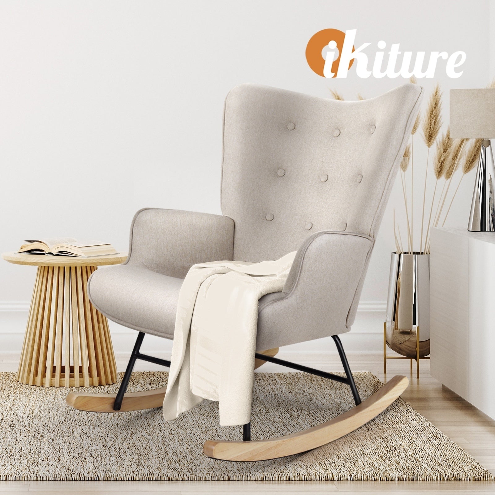 Oikiture Rocking Chair Nursing Armchair Linen Accent Chairs Upholstered Beige - Sunyee