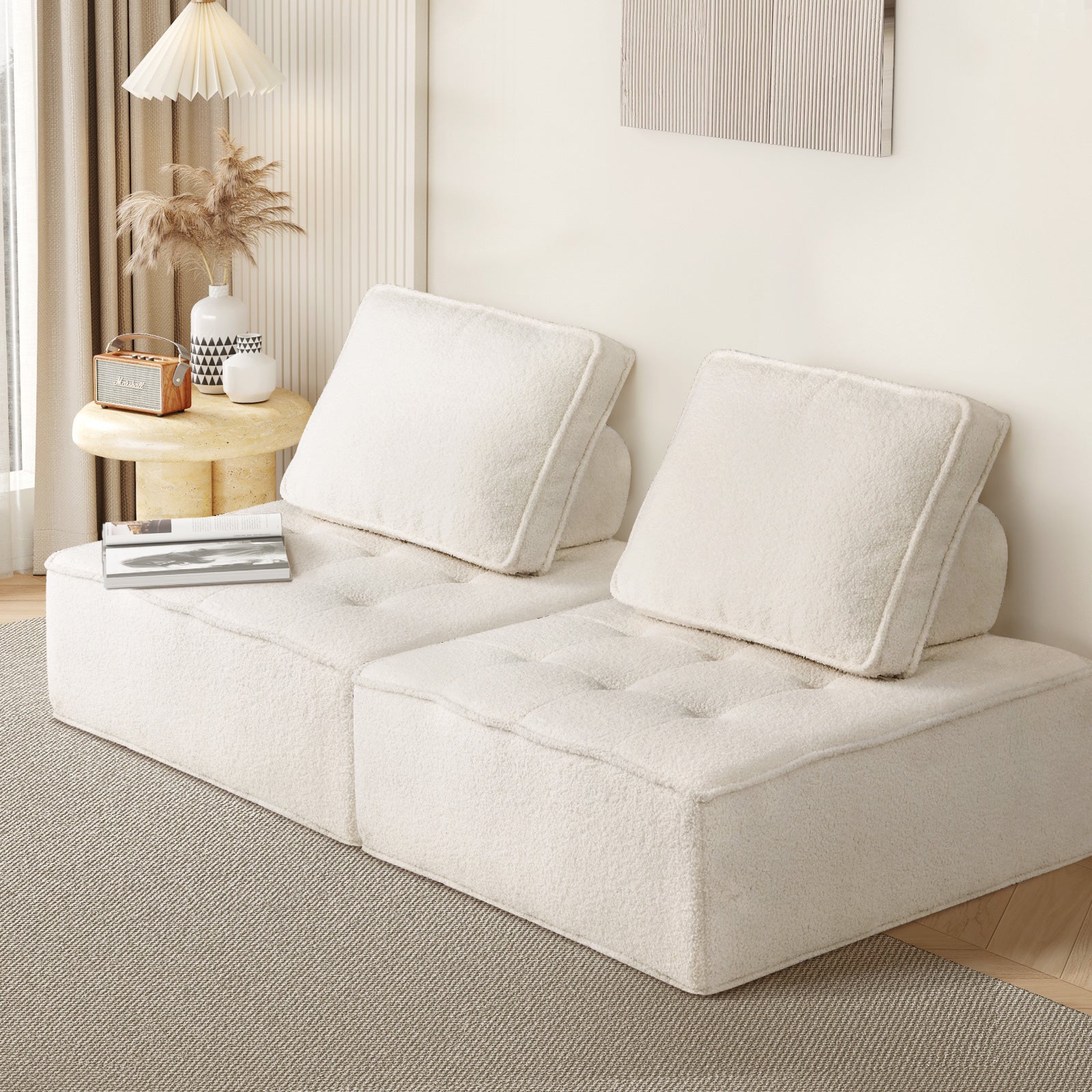 Oikiture 2PCS Modular Sofa Lounge Chair Armless TOFU Back Sherpa White - Sunyee