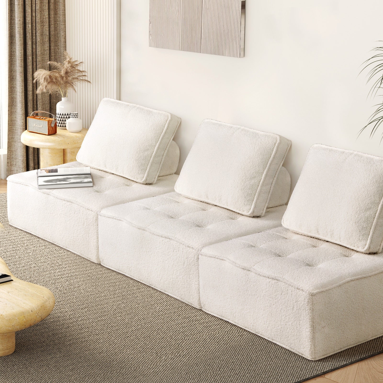 Oikiture 3PCS Modular Sofa Lounge Chair Armless TOFU Back Sherpa White - Sunyee