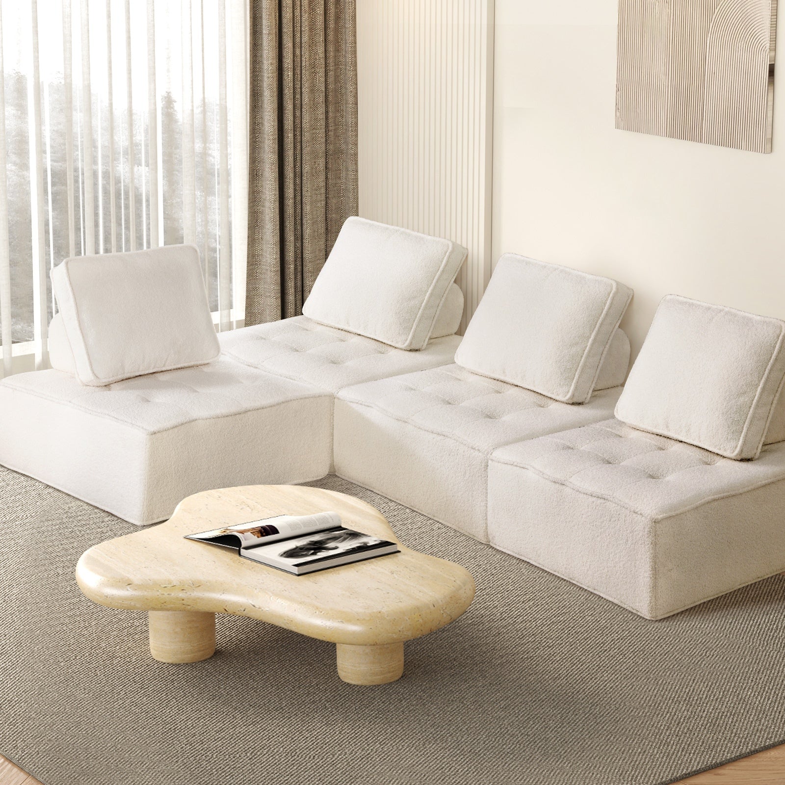 Oikiture 4PCS Modular Sofa Lounge Chair Armless TOFU Back Sherpa White - Sunyee