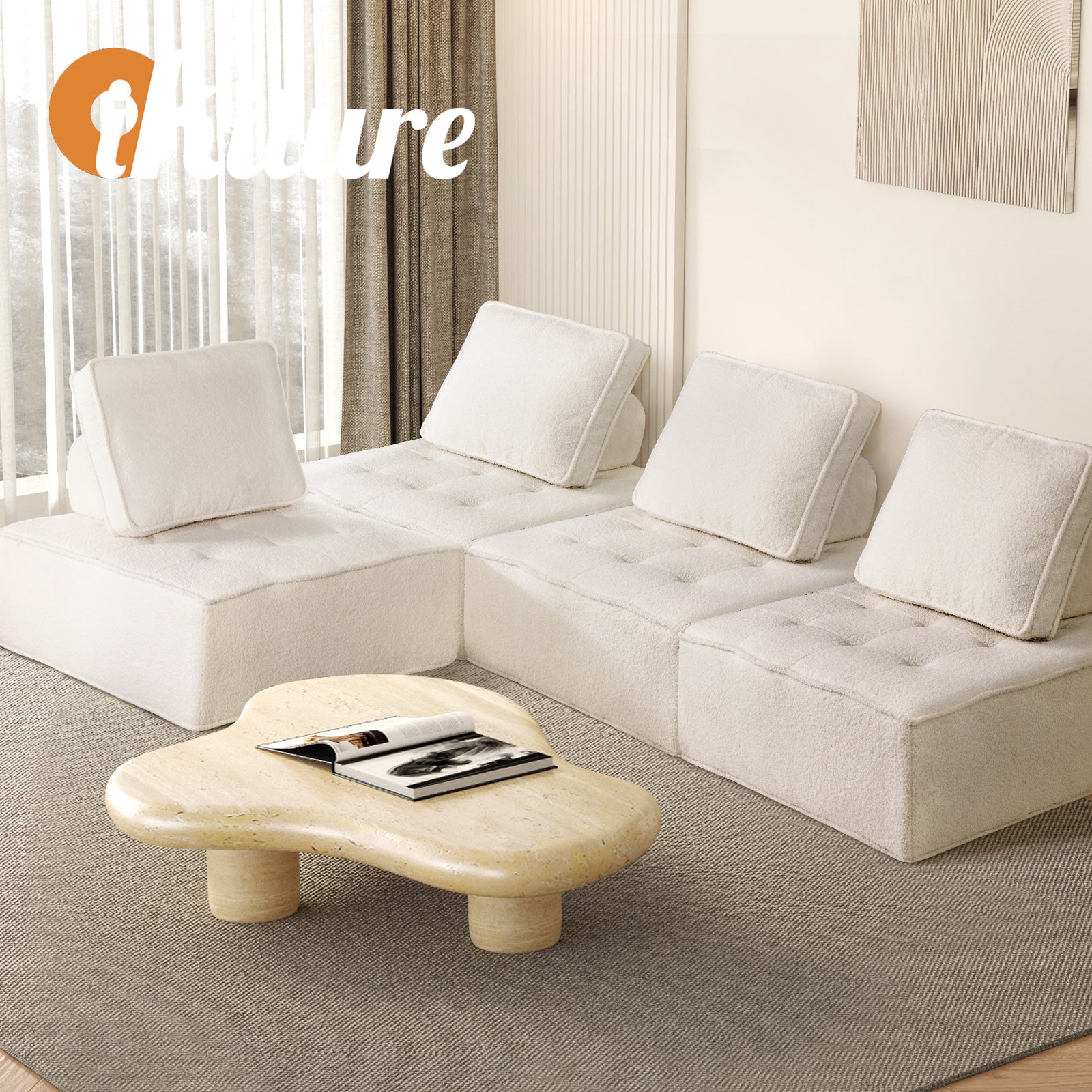 Oikiture 4PCS Modular Sofa Lounge Chair Armless Adjustable Back Sherpa White - Sunyee
