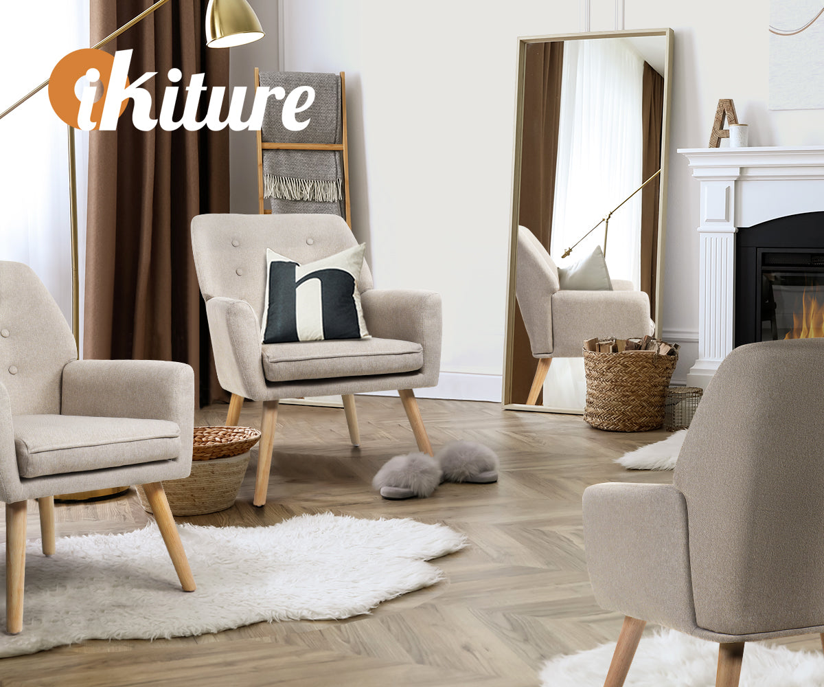 Oikiture Armchair Lounge Chair Linen Accent Armchairs Tub Chairs Sofa Beige - Sunyee