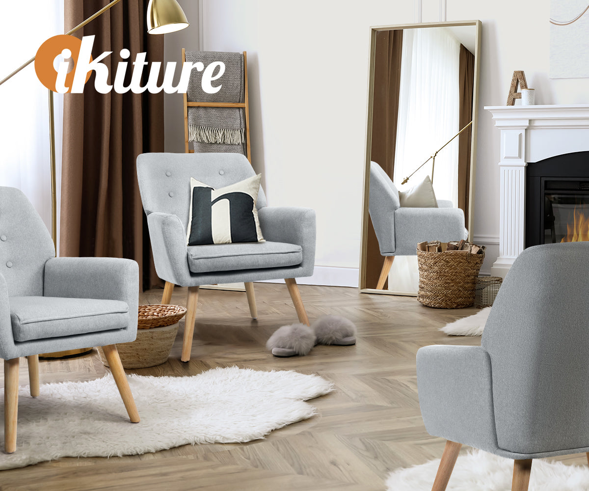 Oikiture Armchair Lounge Chair Linen Accent Armchairs Tub Chairs Sofa Grey - Sunyee