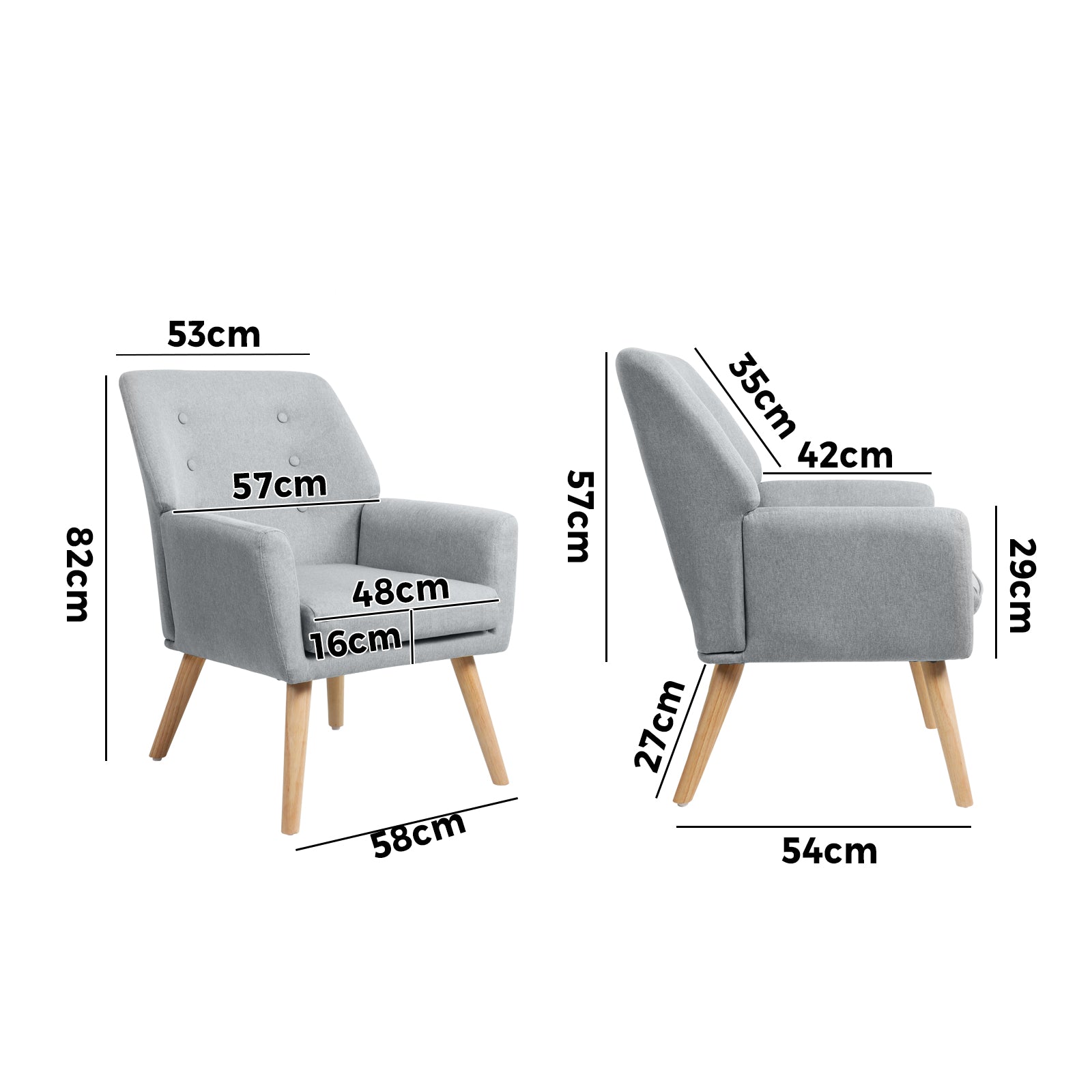 Oikiture Armchair Lounge Chair Linen Accent Armchairs Tub Chairs Sofa Grey - Sunyee