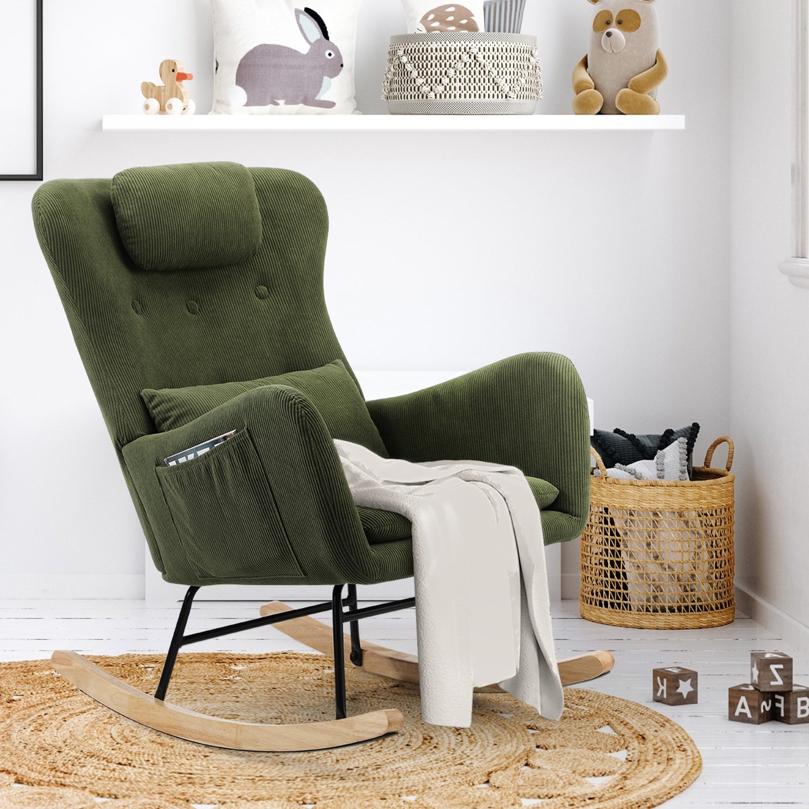 Oikiture Rocking Chair Nursing Armchair Velvet Accent Chairs With 2 Pillow Green - Sunyee