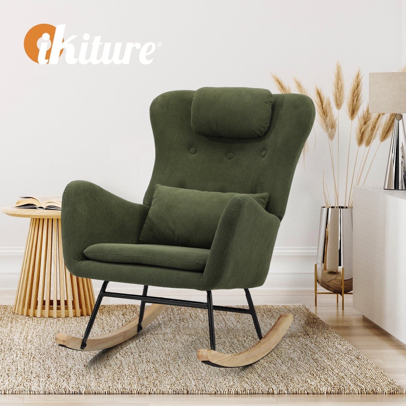 Oikiture Rocking Chair Nursing Armchair Velvet Accent Chairs With 2 Pillow Green - Sunyee