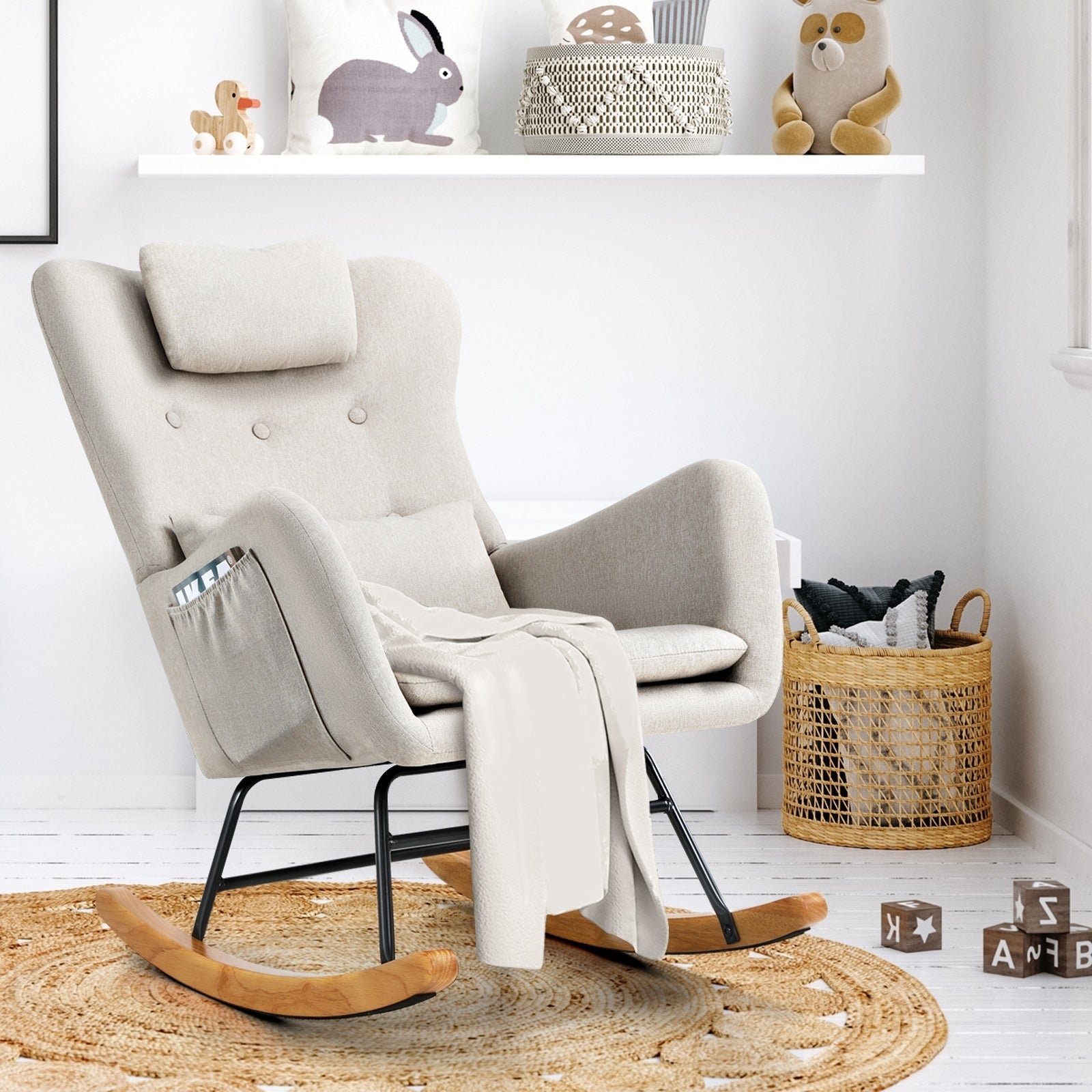 Oikiture Rocking Chair Nursing Armchair Linen Accent Chairs With 2 Pillow Beige - Sunyee
