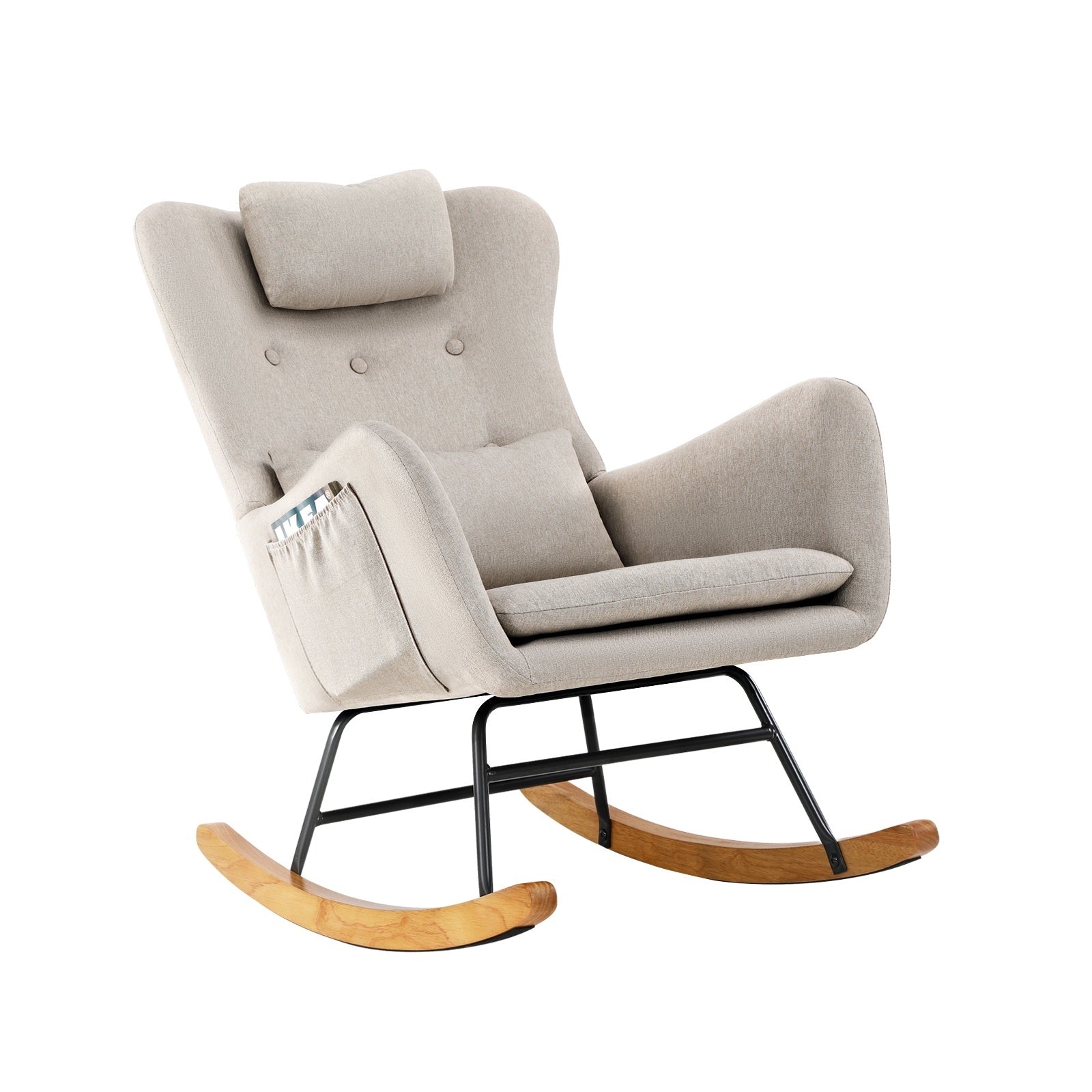 Oikiture Rocking Chair Nursing Armchair Linen Accent Chairs With 2 Pillow Beige - Sunyee