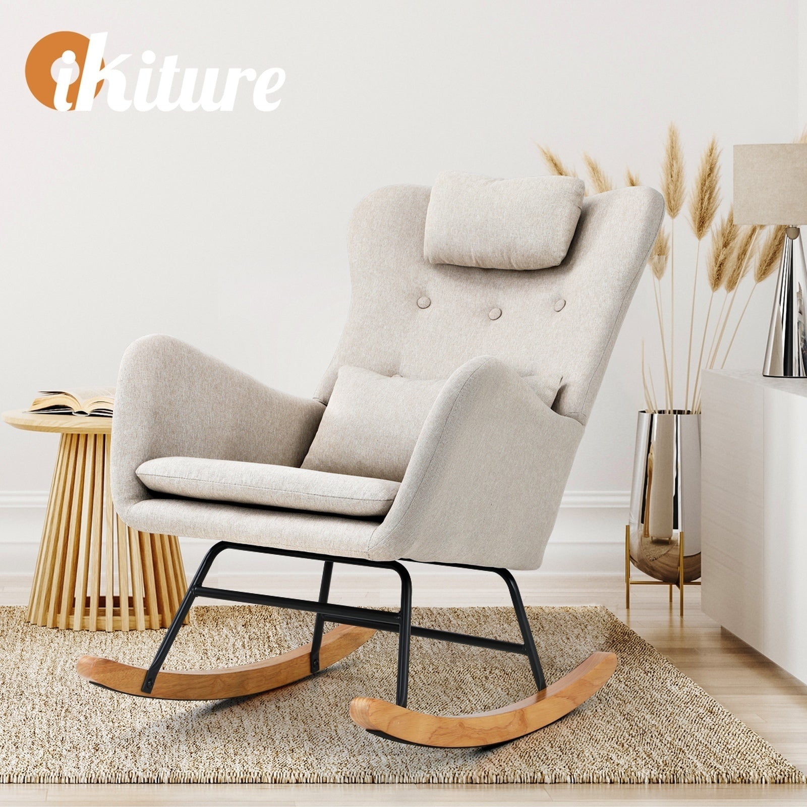 Oikiture 2x Rocking Chair Nursing Armchair Linen Chairs With 2 Pillow Beige - Sunyee