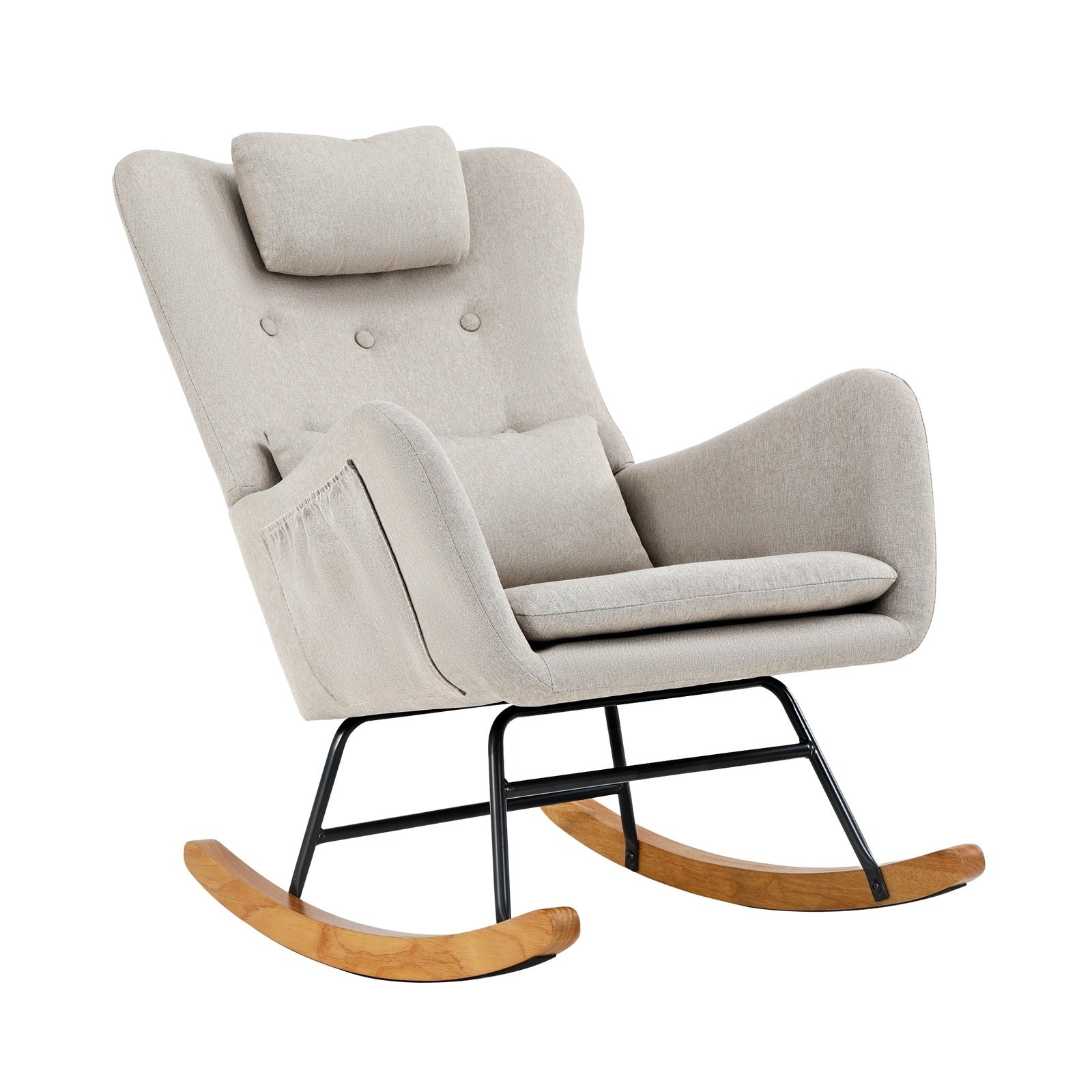 Oikiture 2x Rocking Chair Nursing Armchair Linen Chairs With 2 Pillow Beige - Sunyee