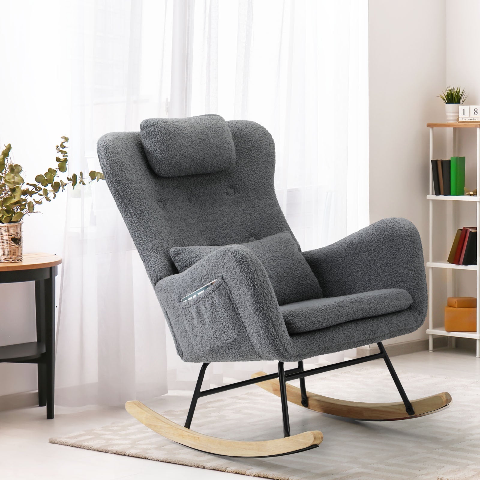 Oikiture Rocking Chair Nursing Armchair Sherpa Accent Chairs With 2 Pillow Grey - Sunyee