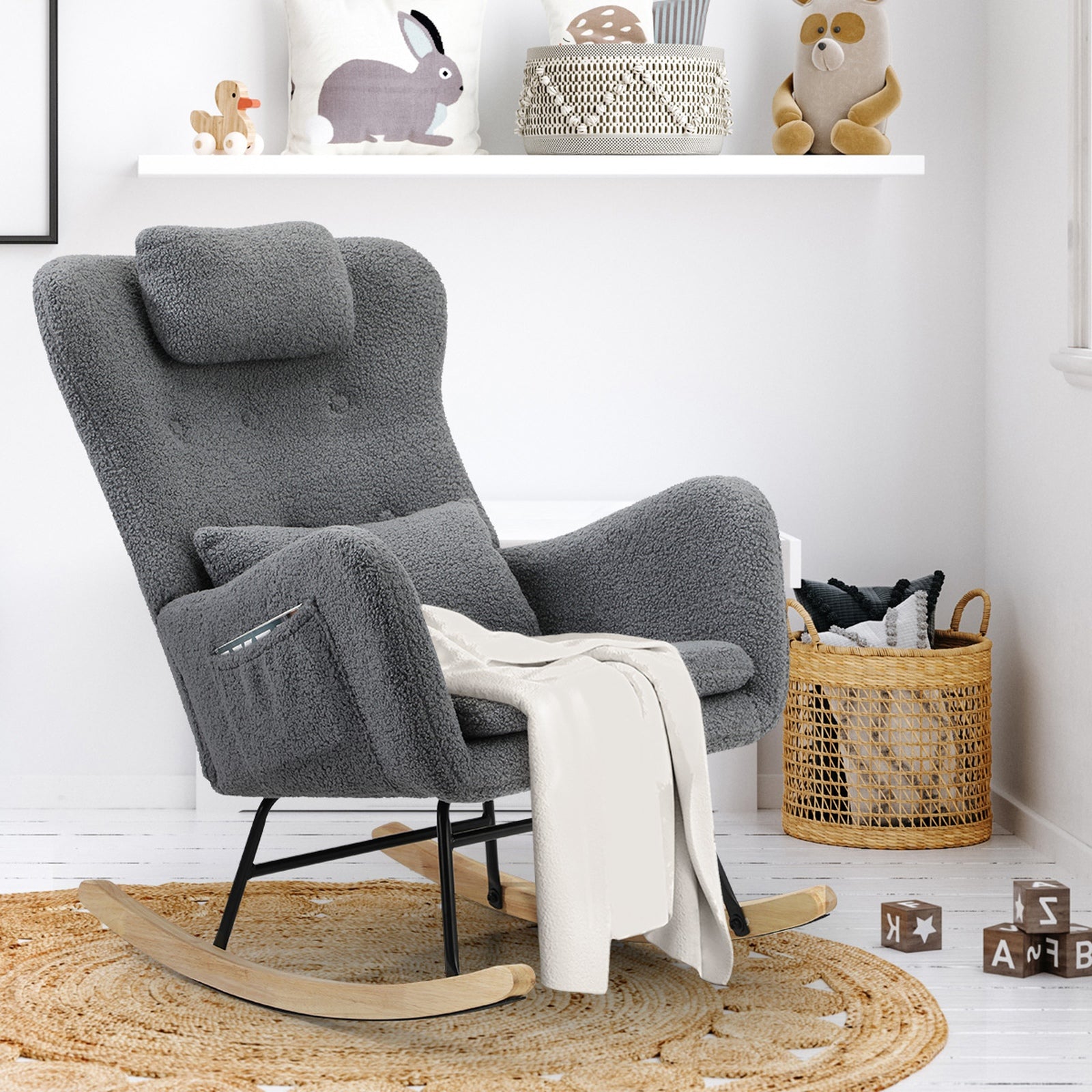 Oikiture Rocking Chair Nursing Armchair Sherpa Accent Chairs With 2 Pillow Grey - Sunyee