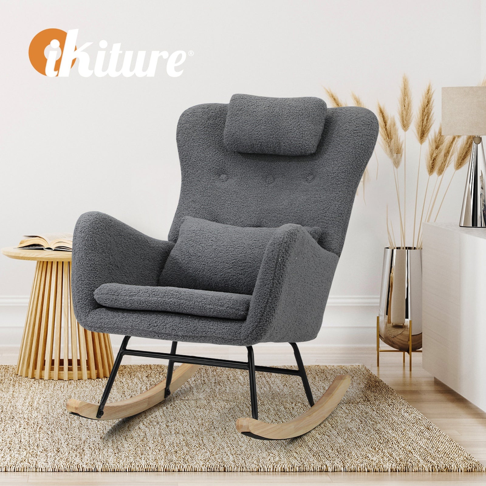 Oikiture Rocking Chair Nursing Armchair Sherpa Accent Chairs With 2 Pillow Grey - Sunyee