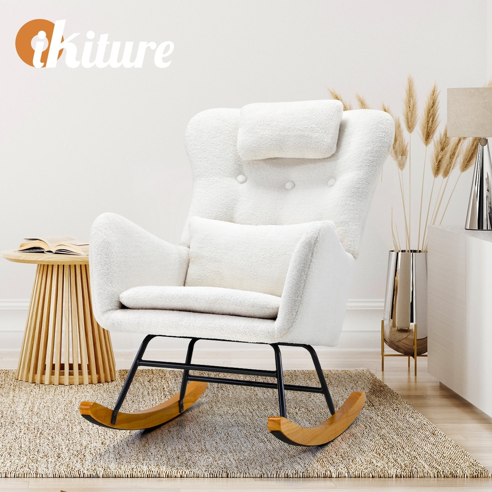 Oikiture Rocking Chair Nursing Armchair Sherpa Accent Chairs With 2 Pillow White - Sunyee