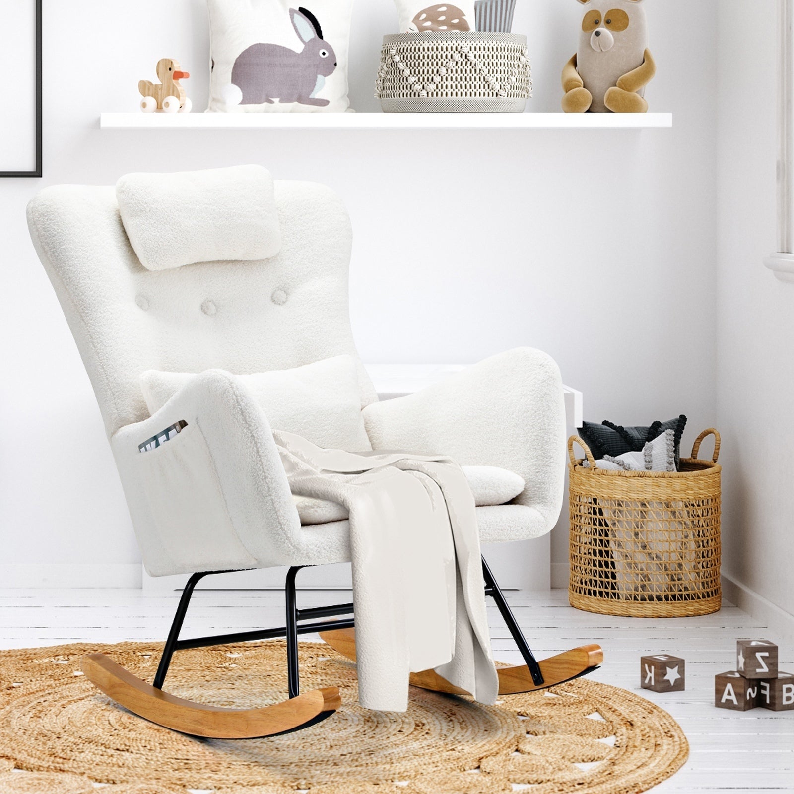 Oikiture Rocking Chair Nursing Armchair Sherpa Accent Chairs With 2 Pillow White - Sunyee