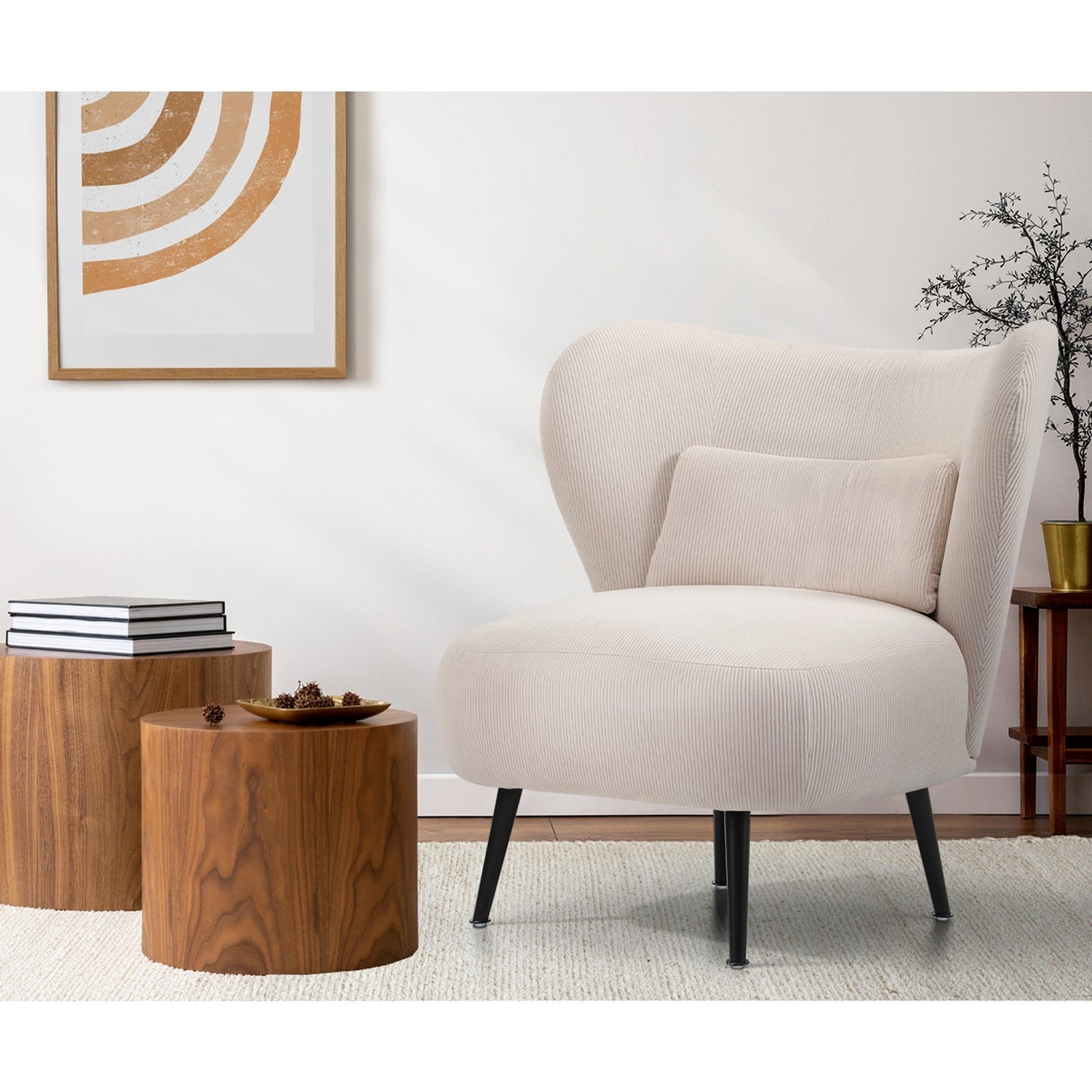 Oikiture 2x Armchair Lounge Chair with Lumbar Pillow Wingback Velvet Beige - Sunyee